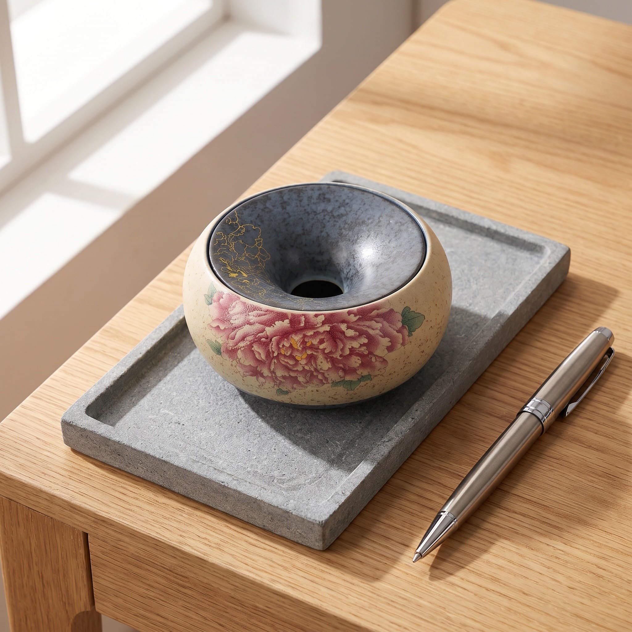Artibetter Posacenere a imbuto in ceramica in stile retrò - Posacenere da tavolo per sigari resistente alle intemperie con motivo floreale orientale - Portacenere rotondo da 14 cm per scrivania e