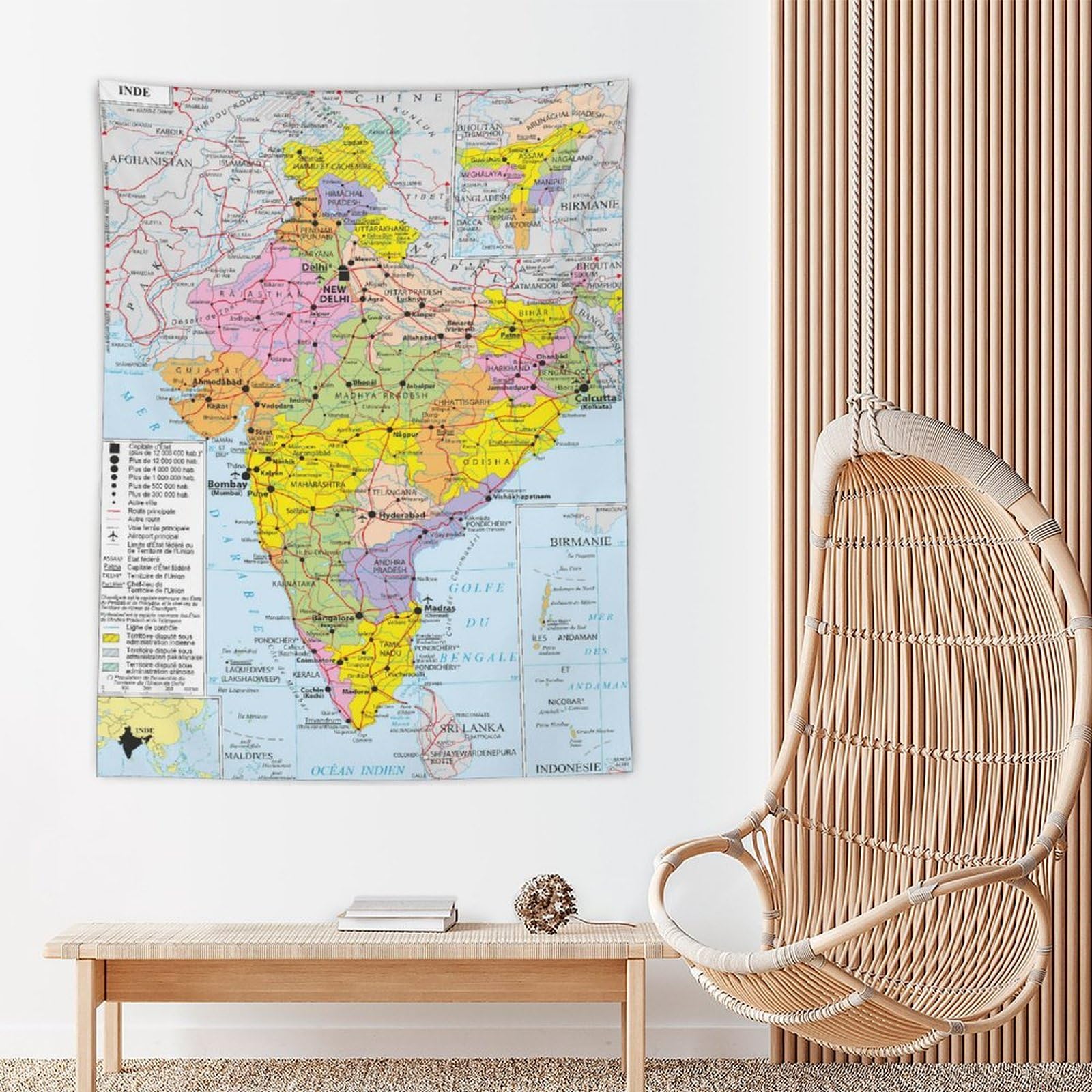 Affiches de carte du monde de l'Inde - Impressions d'art cool - Impression d'art mural à suspendre - Décoration d'intérieur - Idée cadeau - 152,4 x 203,2 cm