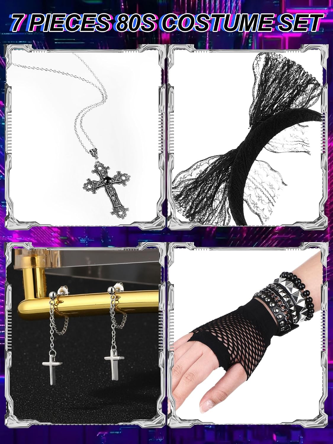 Ecation 7 Pcs 80s Women Costume Accessories Halloween Leather Punk Bracelet Black Cross Necklace Lace Headband Fishnet Glove