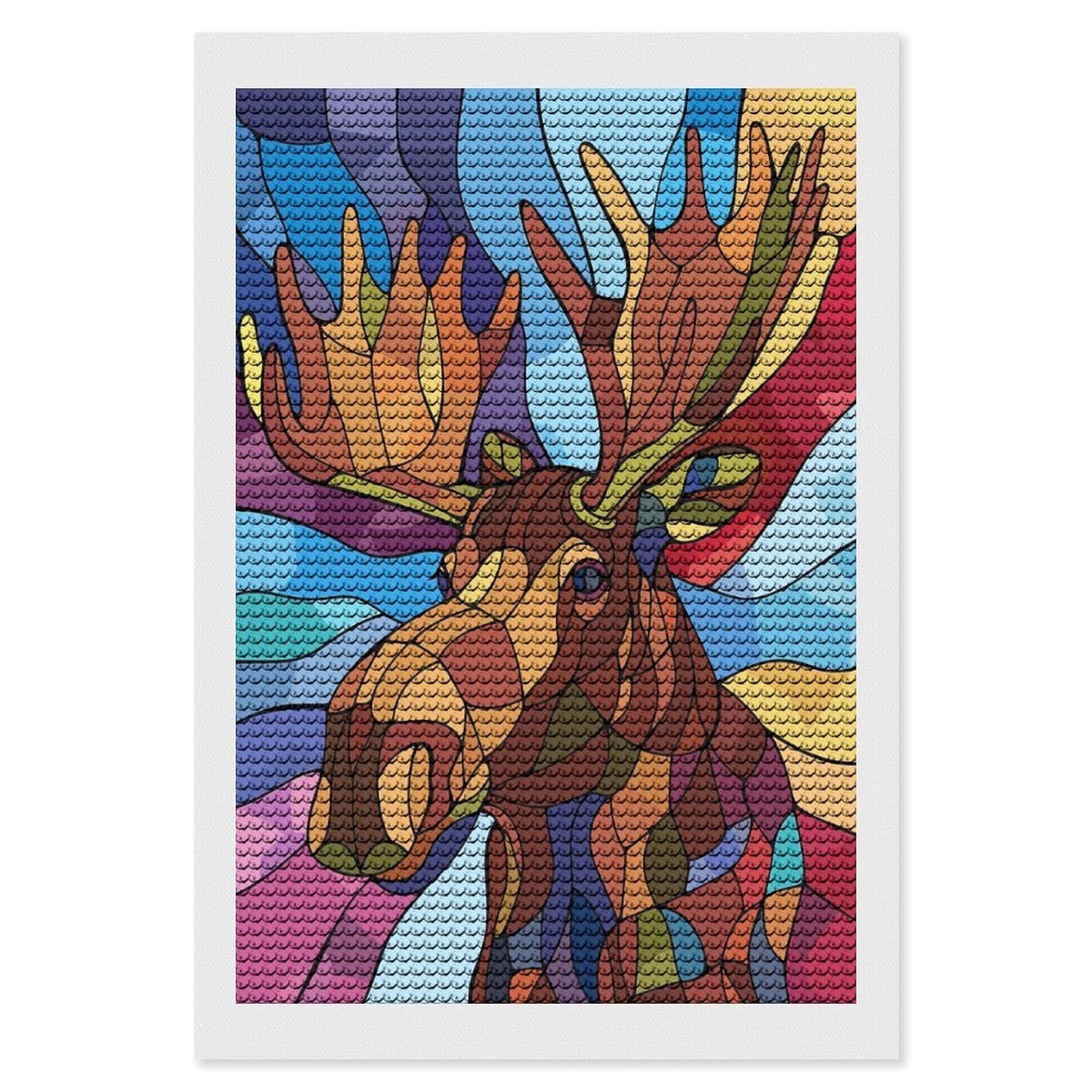 Junmoney Stained Glass Moose Portrait Round Drill Diamond Painting 8"x12", for Craft Lovers, Stress Relief Craft, Bedroom Decor, Festive Craft Gift