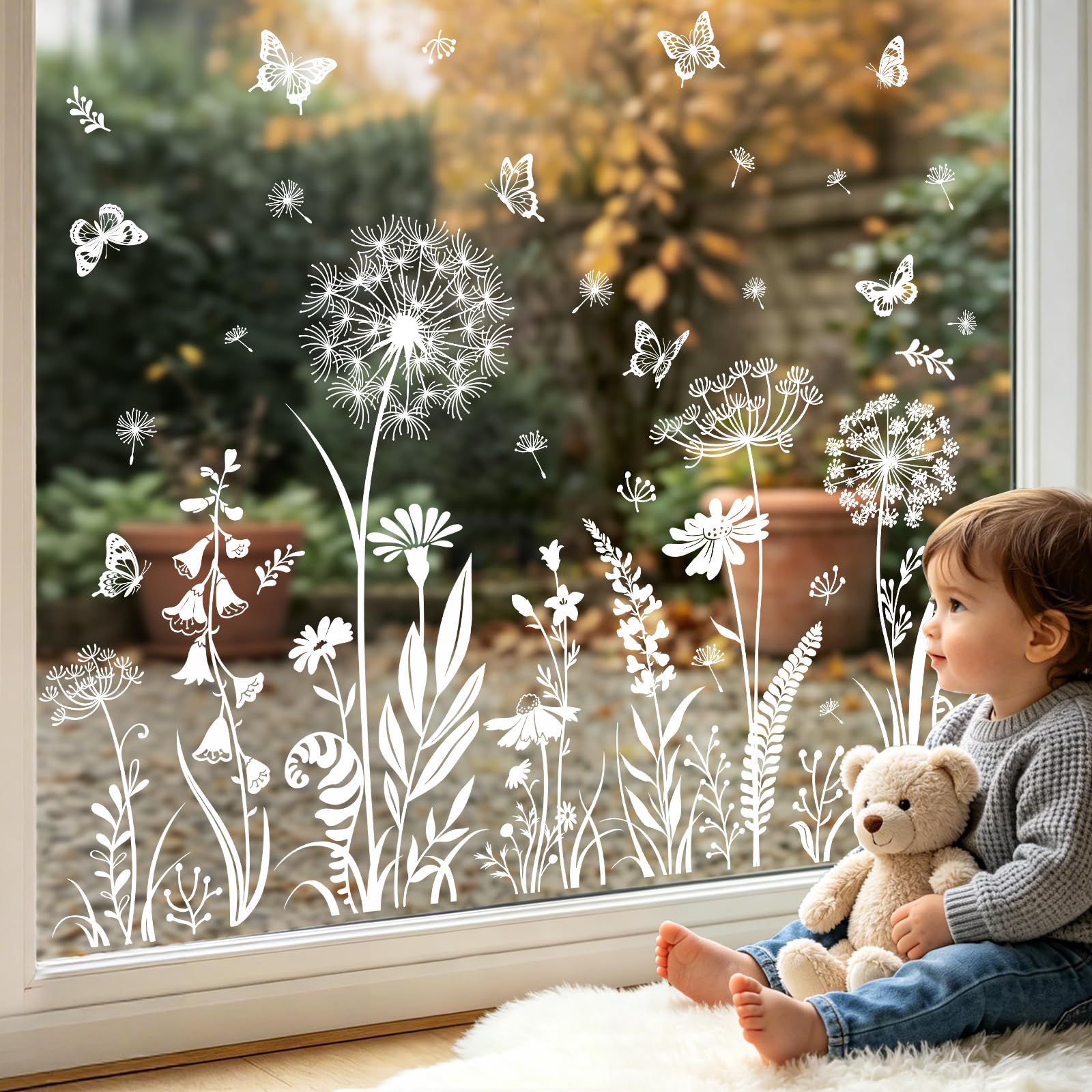 Supzone Summer Flowers Window Stickers White Dandelion Butterflies Spring Window Decals Double-Sided Anti-Collision Window Clings for Home Office Decor