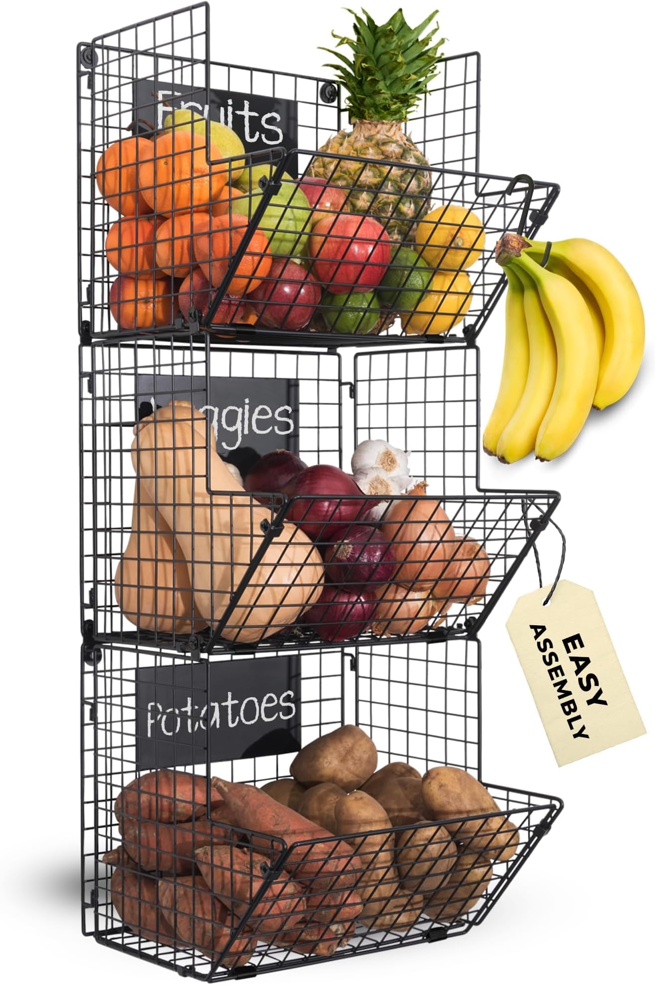 Saratoga Home Premium 3-Tier Wall Mounted Hanging Wire Baskets with Chalkboards High-Grade Black Iron - Fruit or Produce Storage - Pantry Organization --Rustic Country-Style
