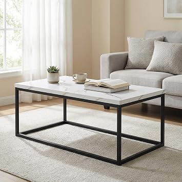 CENSI 40" White Marble Coffee Table/Center Table, Medium Size | Extra Thick 1.2" Honey-comb Top, Modern Industrial Rectangle Cocktail Table, Heavy-Duty Black Metal Legs