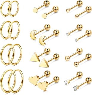 12Pairs 316L Surgical Steel Cartilage Stud Earring for Women Rook Daith Conch Tragus Helix Earring Hoop Ball Dot Star Moon Heart CZ Barbell Piercing Earrings Set 16G