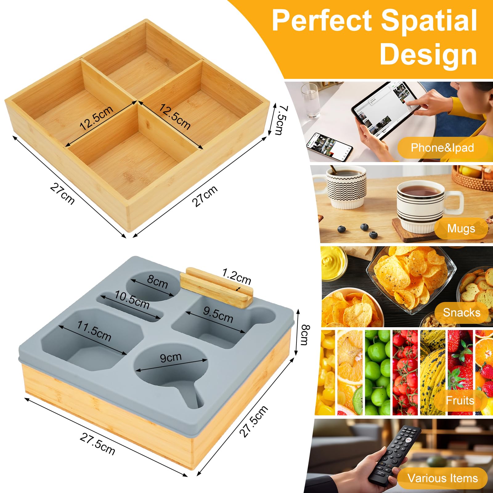 Bambus Couchbar Snackbox Mit Fächern, Snackteller Silikon Couch Organizer, Sofa Tablett Betttablett Handyhalter Geschenke für Männer Frauen Wohnzimmer Schlafzimmer Garten Camping