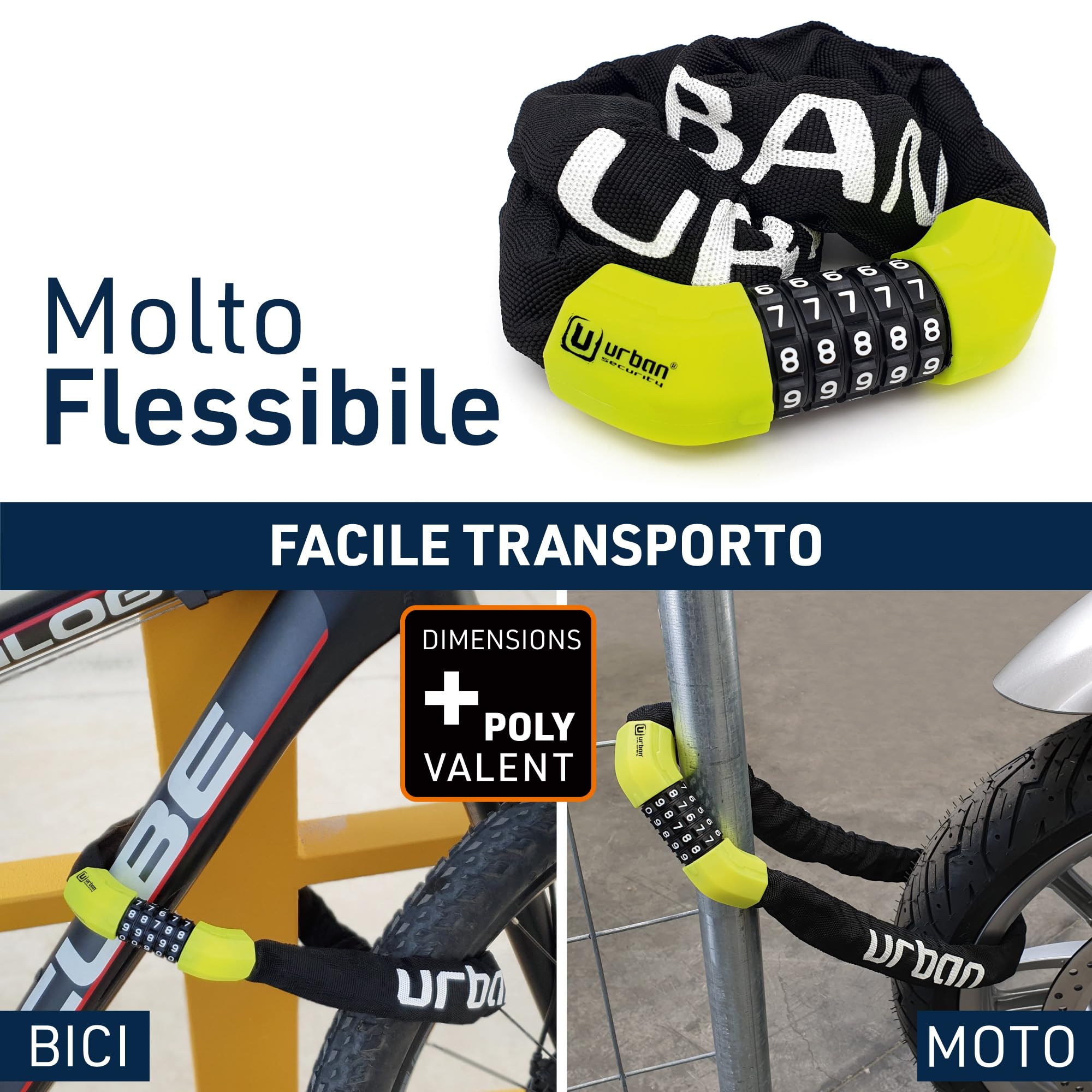 URBAN UR890 Lucchetto Bici, Catena Disuasoria con Codice a 5 Cifre più Sicuro, Maglie in Acciaio ø8mm più Spesse e Resistenti con Rivestimento in Nylon per Bici, Scooter, Monopattino, Antifurto 100cm