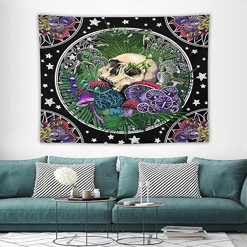Miniatura 3 de Tapiz gótico de calavera de azúcar, colorido hongo negro estrellado constelación trippy tarot tapiz colgante de pared para dormitorio, sala de
