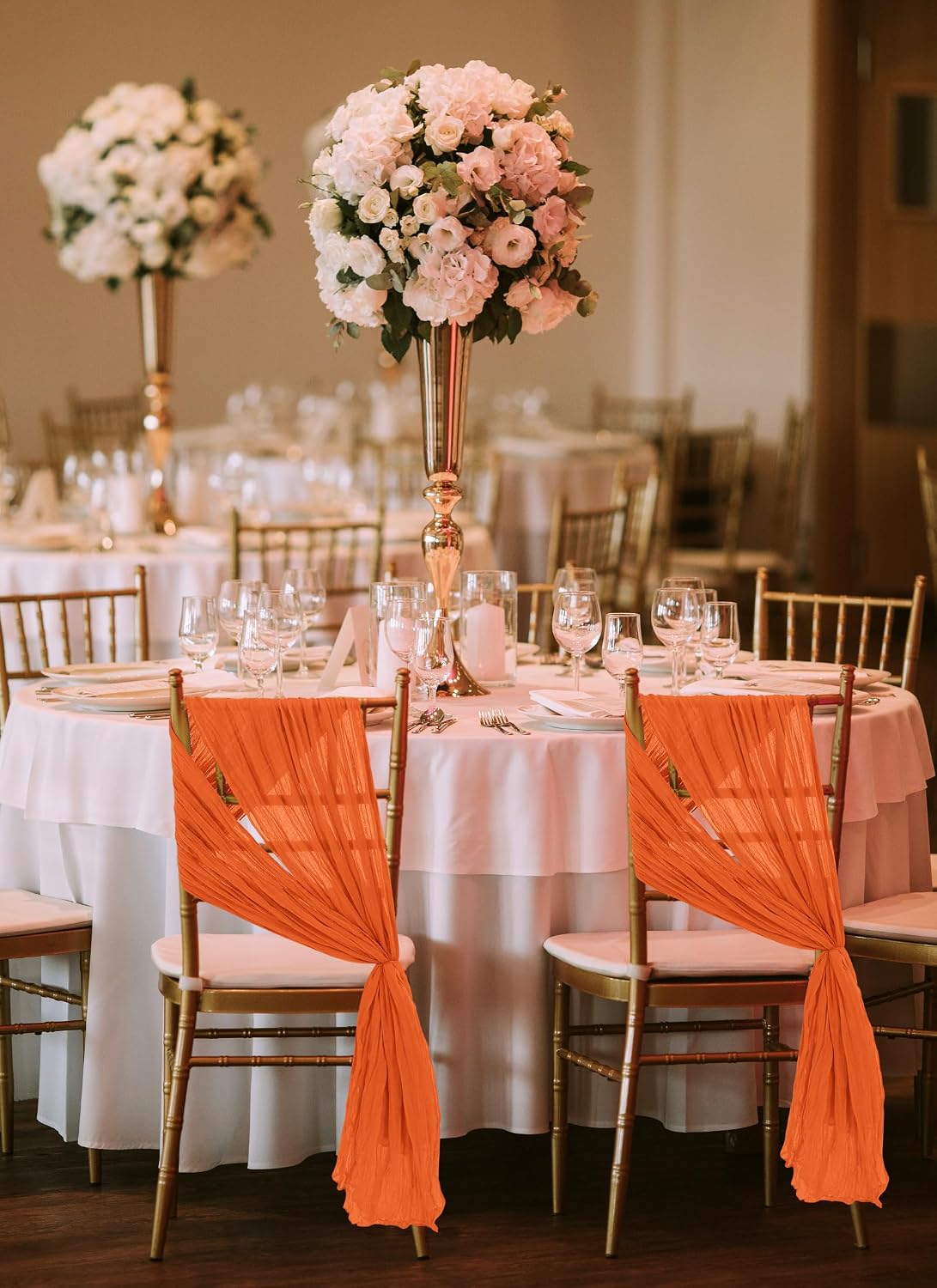 50 PCS Cheesecloth Chair Sashes, 15.7x70 Inch, Orange | Bows Designed ChairSashes, ChairCover Sashes, Universal Chair Decoration for Wedding Reception Banquet Party