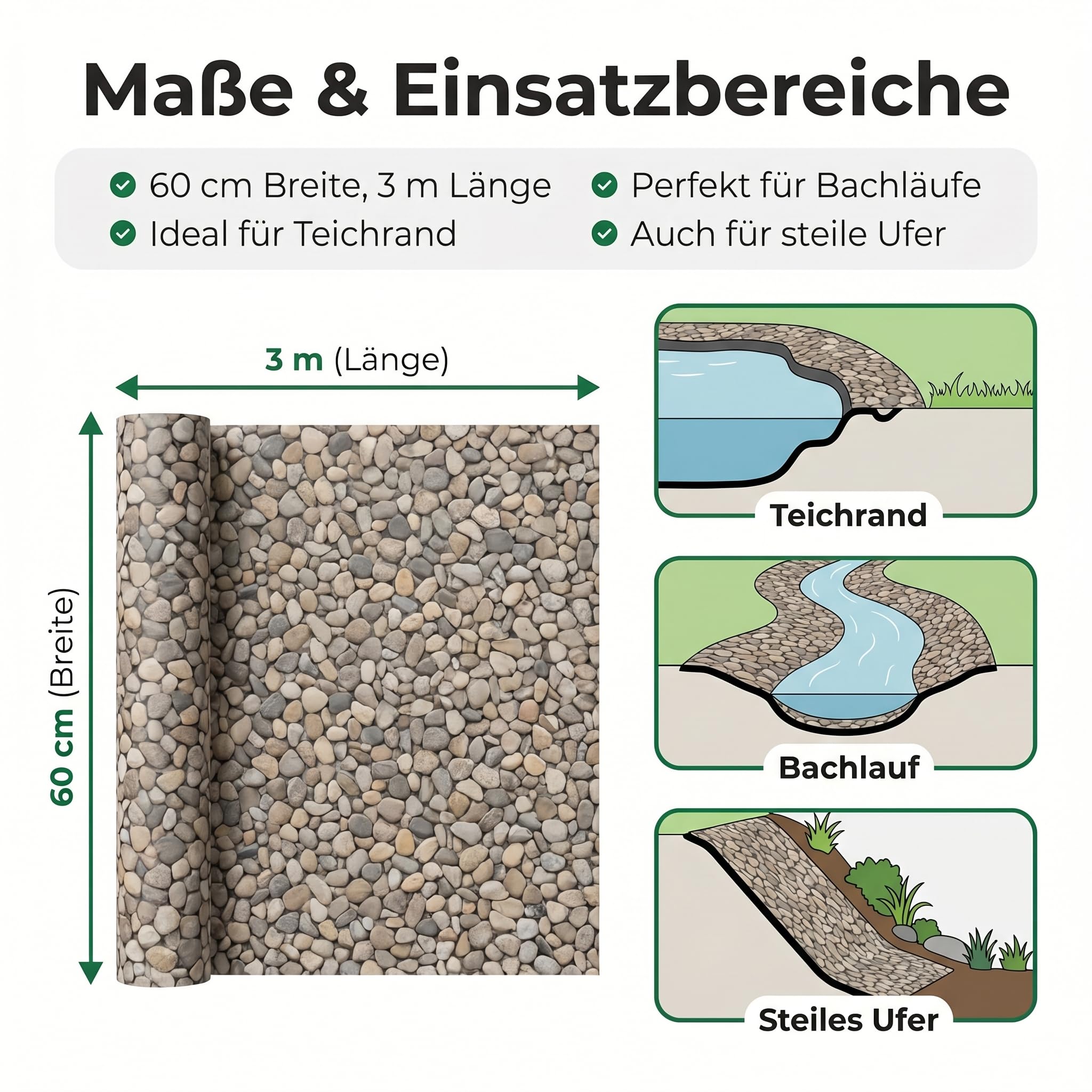 Pondlife Steinfolie für Teichrand und Bachlauf, 60 cm Breite x 3 m Länge, kiesbeschichtete Ufermatte für Teich, UV-stabil, fisch- und pflanzenverträglich, 0,5 cm Stärke