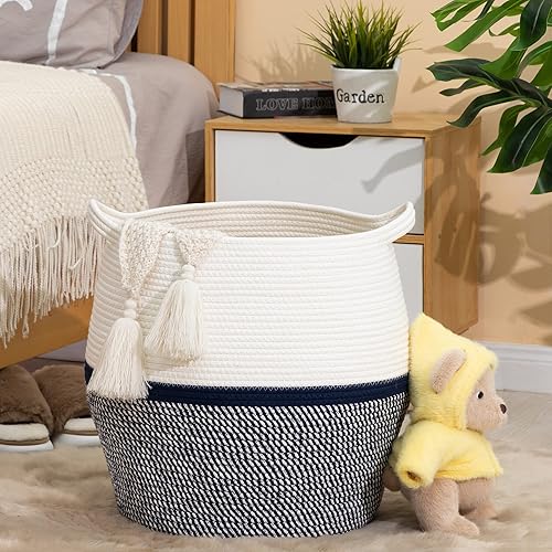 Miniatura 3 de KAKAMAY Cestas tejidas para almacenamiento (17 x 17 pulgadas), canasta grande de cuerda de algodón tejida para bebé, cesta de lavandería plegable,