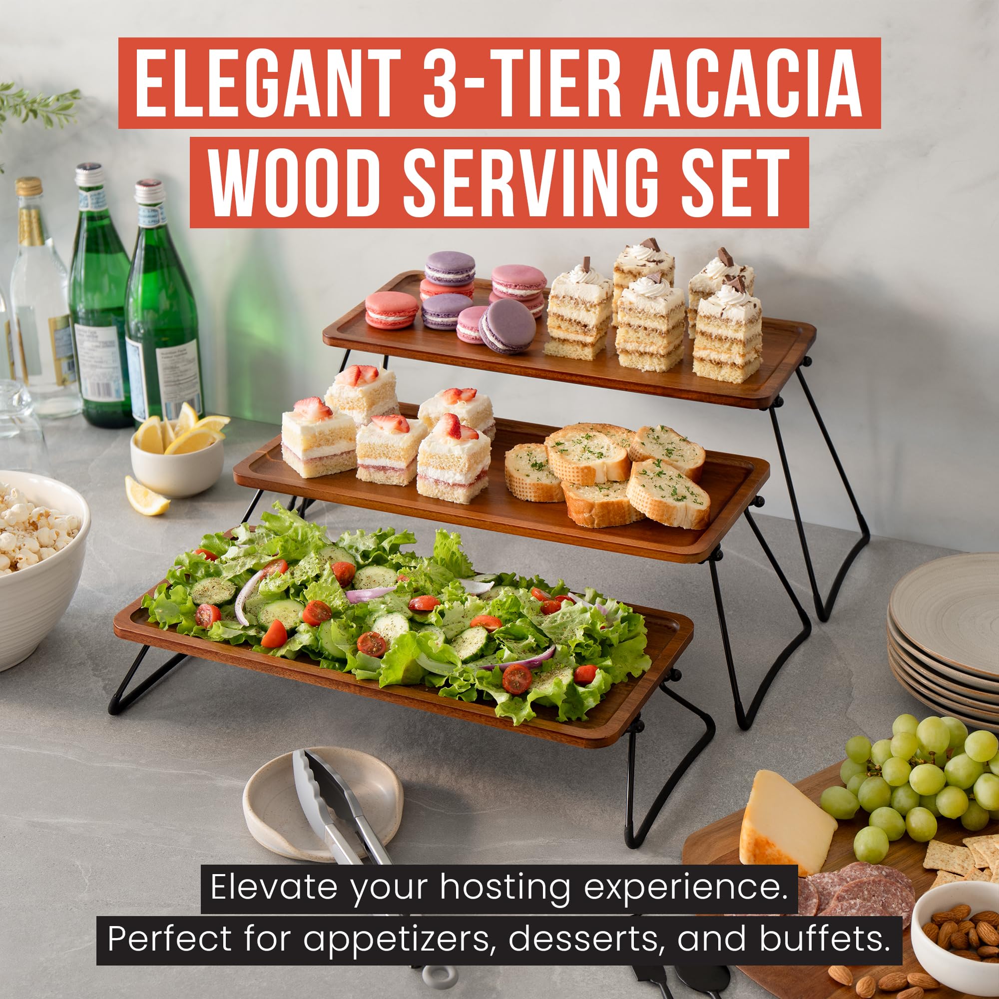 Chef Pomodoro Plateau de Service Bois 3 Niveaux – Parfait pour Le Repas, Buffet, Fromage ou Service à Thé. Utilisable en Plateau Presentation Buffet, Présentoir Gâteau Apéro sur Table Bois.