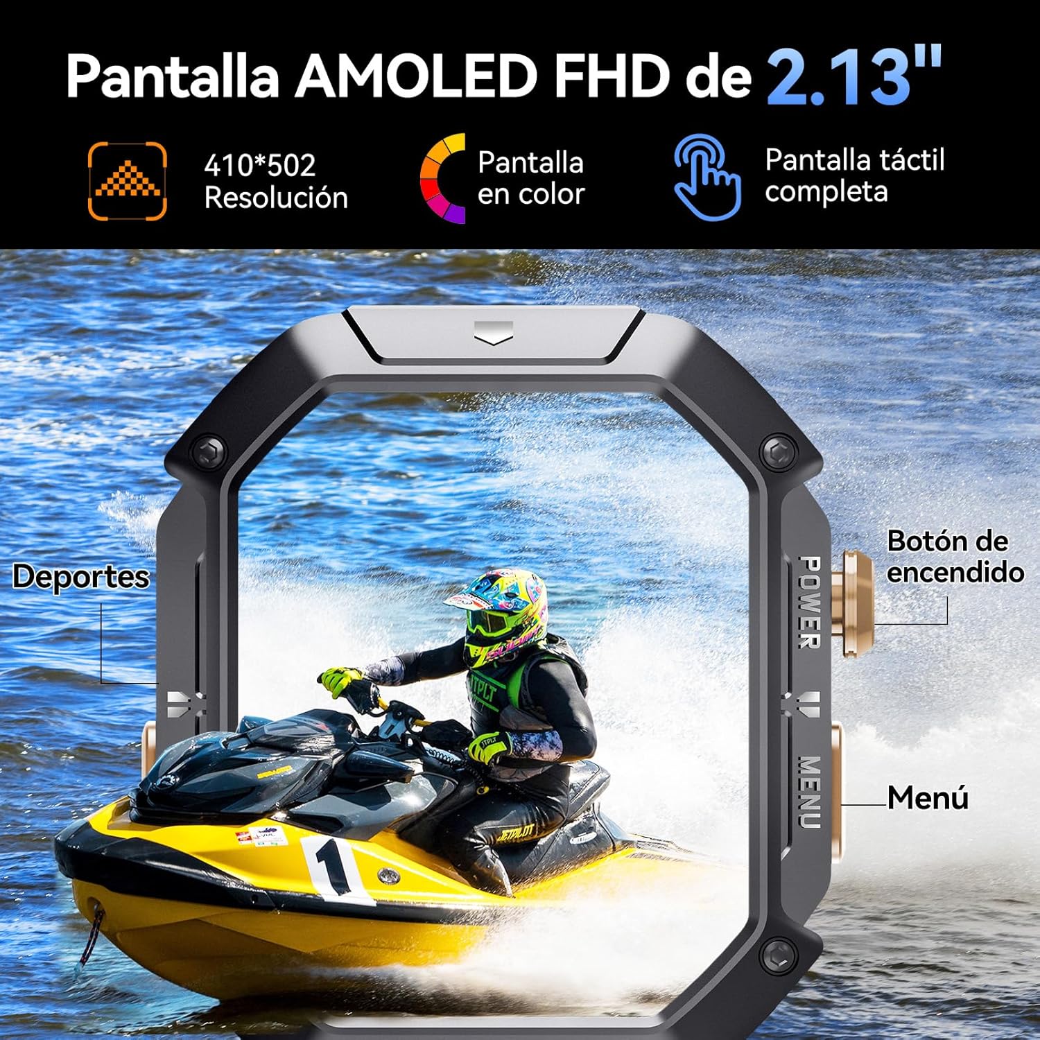 Close-up of CUBOT X1 Smartwatch display showing a jet ski rider, with labels for power and menu buttons
