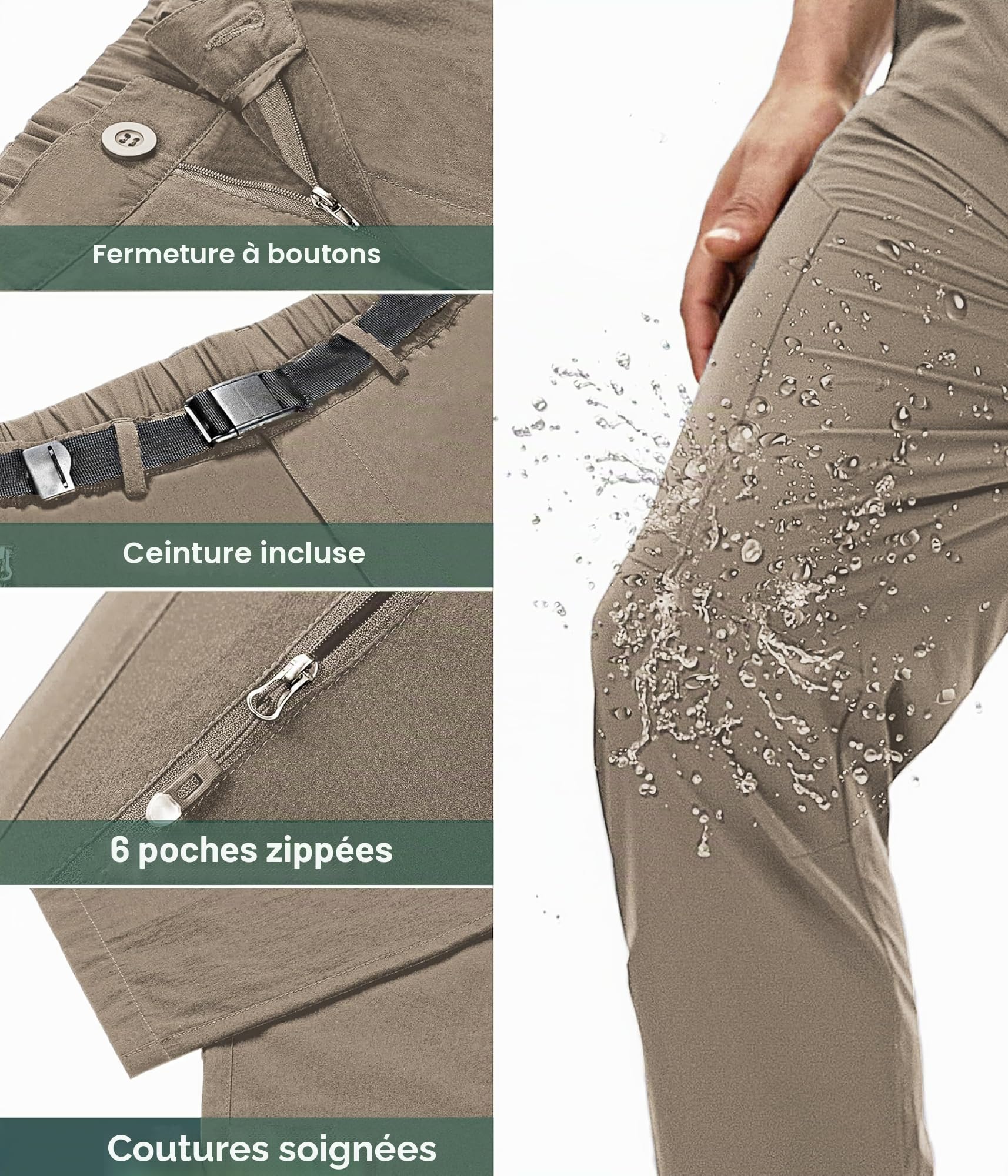 NATUVENIX Pantalon de randonnée pour homme - Imperméable - Séchage rapide - Pantalon de voyage extensible - Noir, Gris Foncé, Kaki, Vert Kaki - Taille 32 (EU 30)