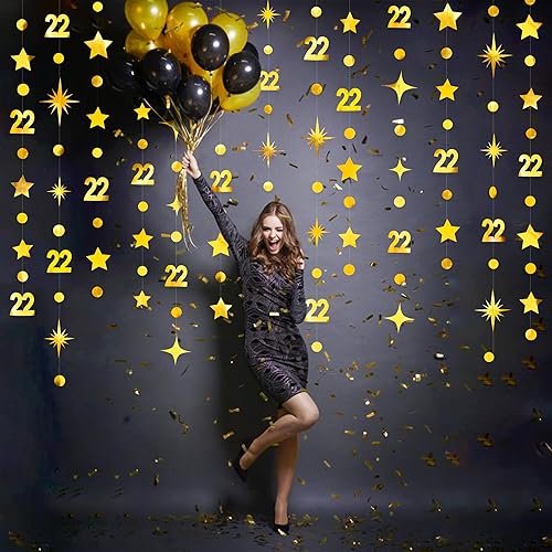 Miniatura 18 de Decoraciones de cumpleaños número 22 de oro rosa con el número 22, guirnalda de estrellas y círculos, banderines, telón de fondo para mujer, 22