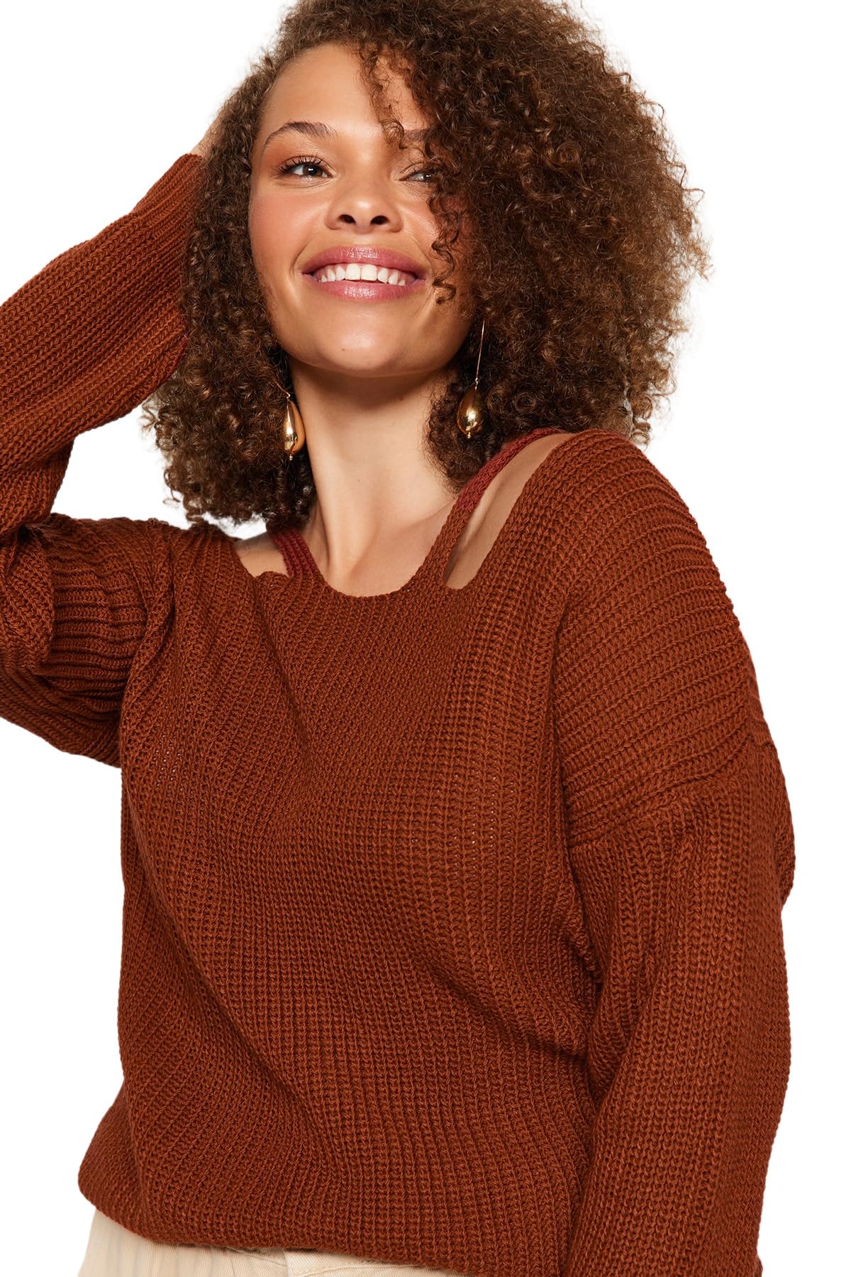 Trendyol Damen Braun Gerade Lange Ärmel Regulär Sweater In Plus Size