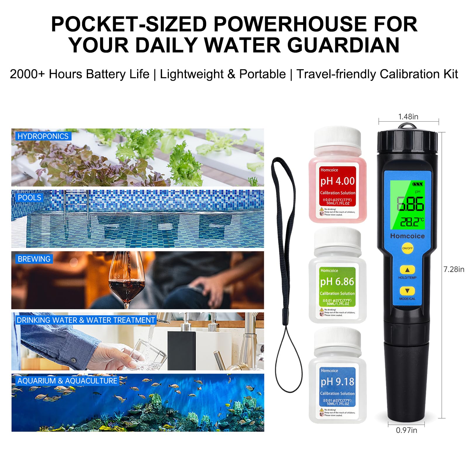 Medidor PH 4 en 1, PH TDS EC y Temperatura Meter con precisión 0,01 pH, compensación automática temperatura, Tester Calidad Agua IP67 resistente agua para piscinas, agua potable, e hidroponía