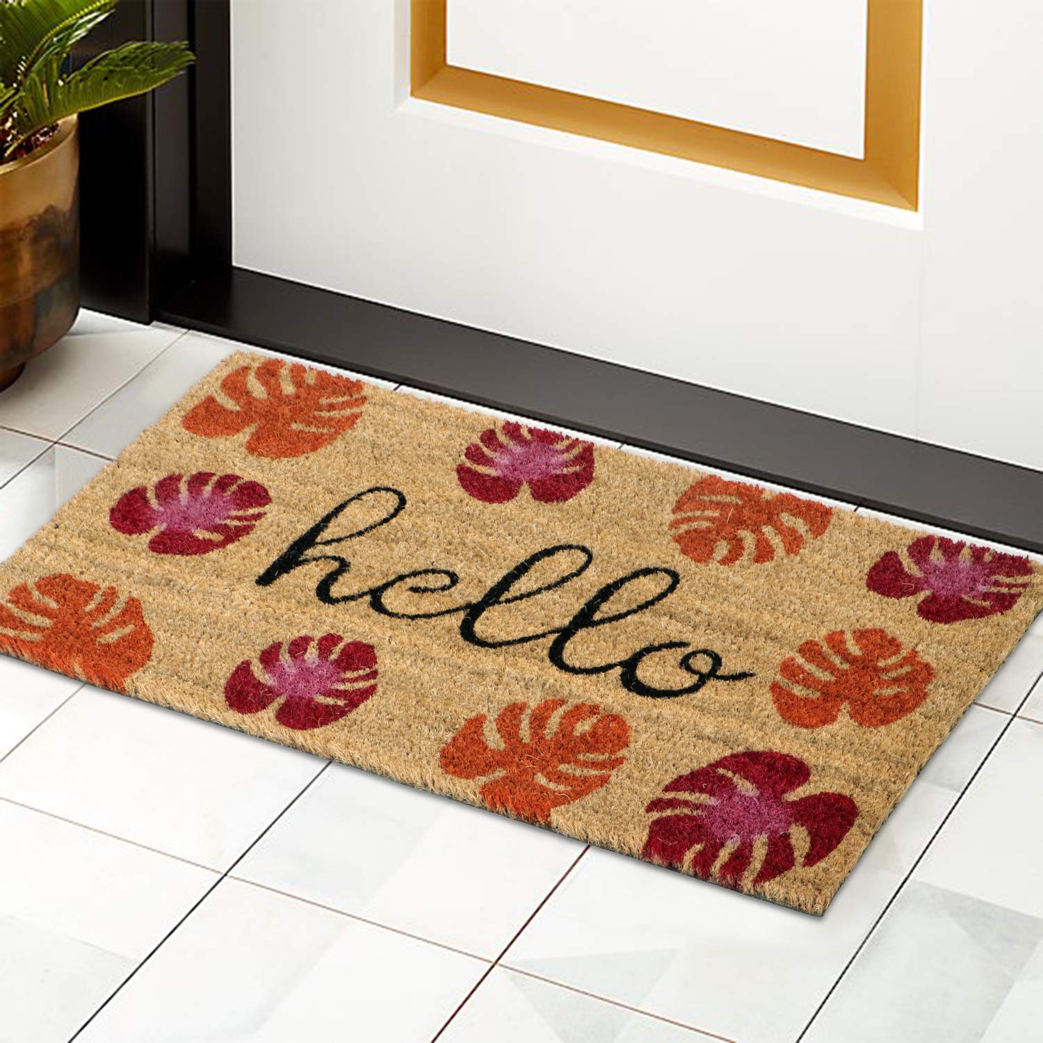 HOKIPO Large 45X75Cm Printed Coir Door Mats For Entrance Thick Mat, Hello, Pink (In151-Pnk, Rectangular)