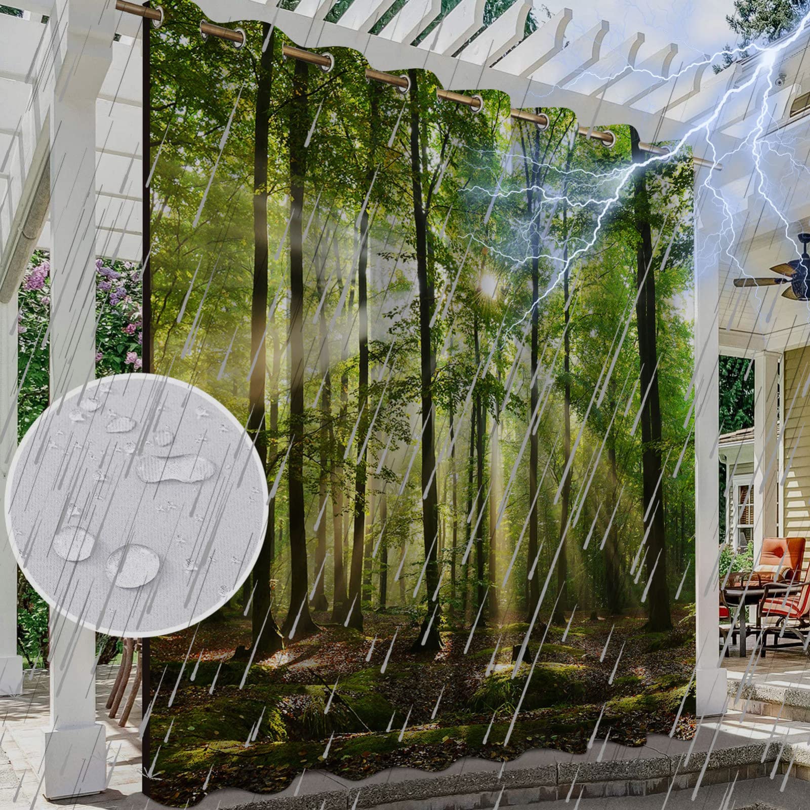 NYKJBD Wetterfest Outdoor Vorhänge mit Ösen, Bedruckte Outdoor Vorhang Waldlandschaft Muster, Blickdicht Thermisch Isoliert UV Schutz Vorhänge für Terrasse, 1 Stück,#H-213x244cm(BxH)