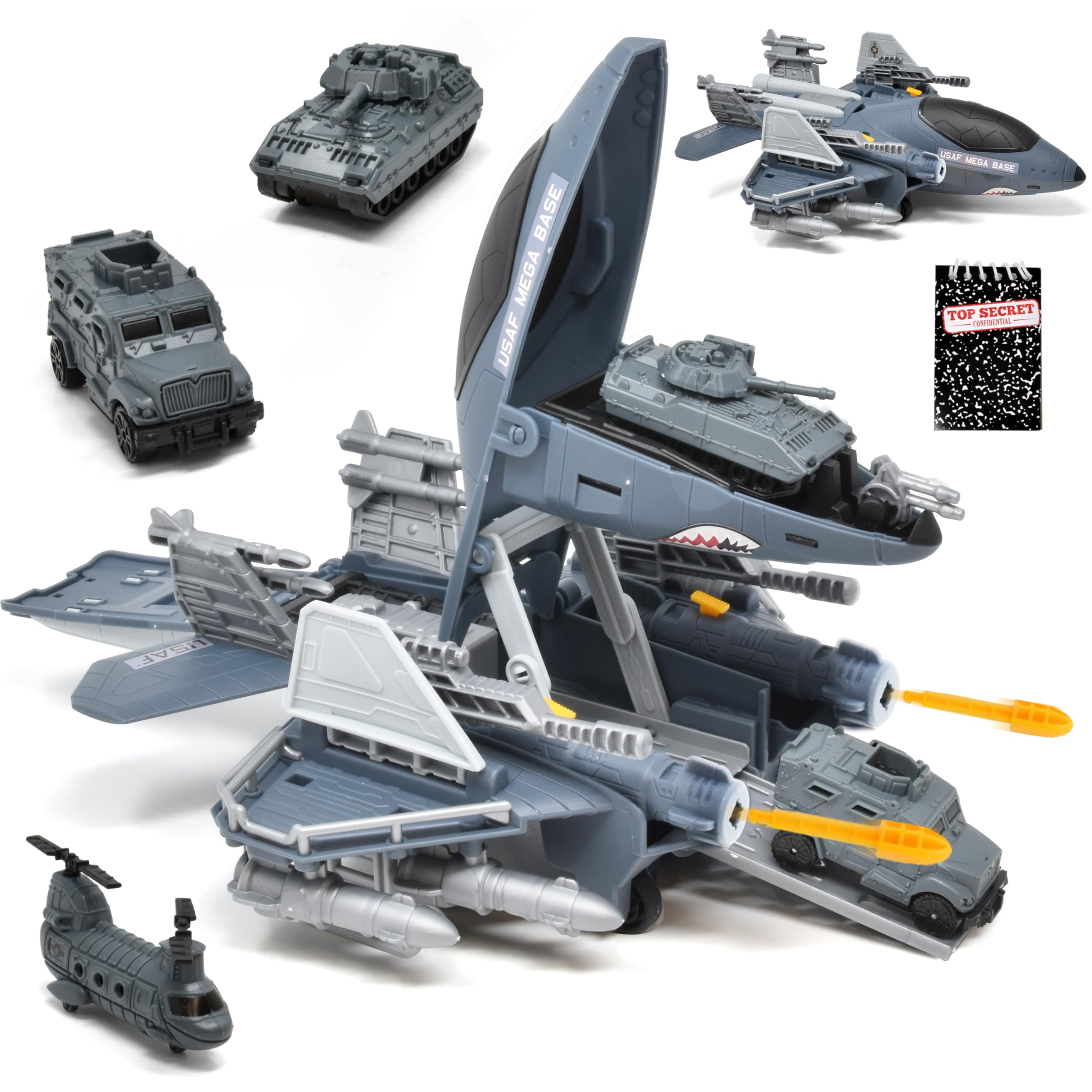 US Air Force Military Aircraft Carrier Toy Fighter Airplane, Raptor Mega Base with Vehicles Army Toy Shoots Missiles Convertible Jet with Helicopter