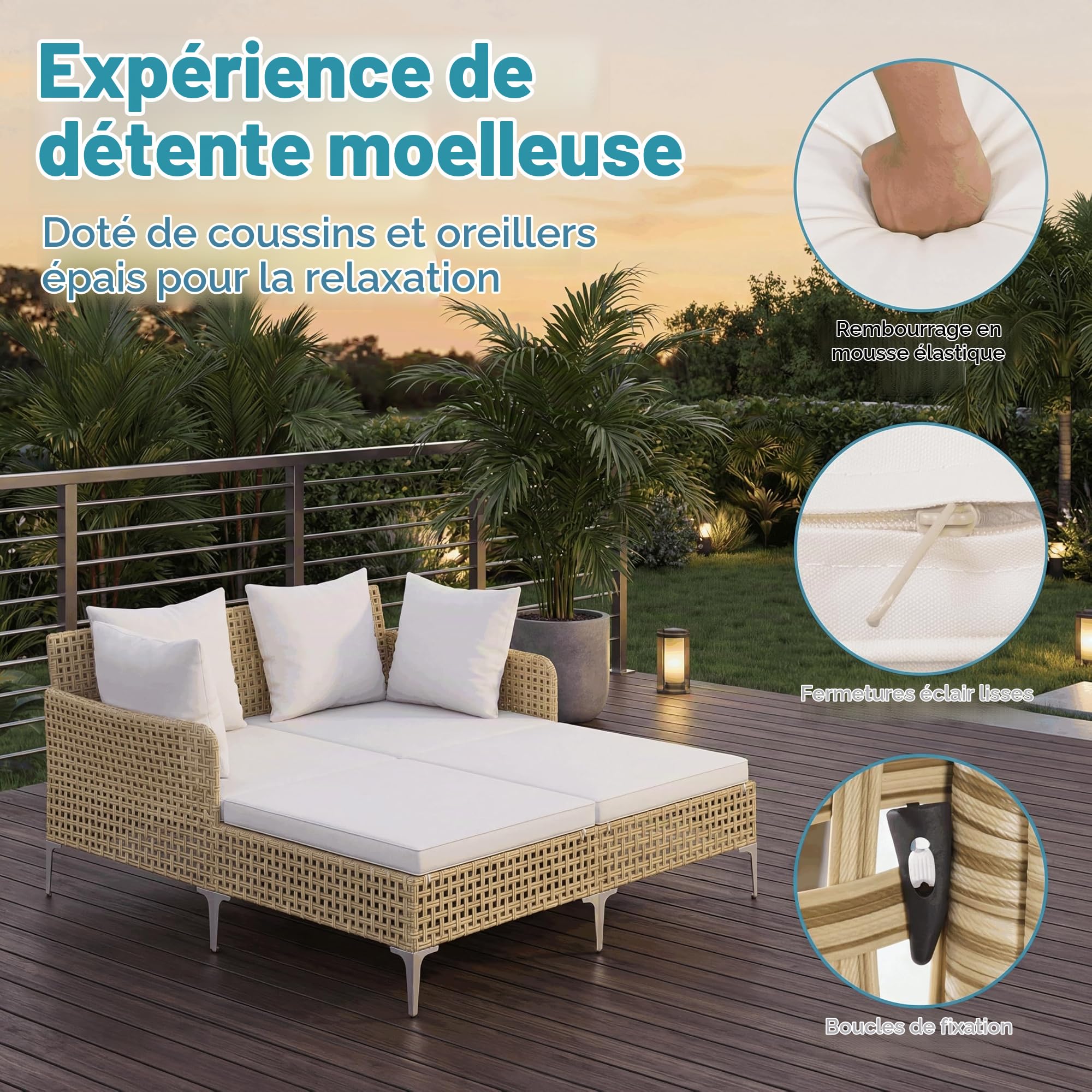 LIFEZEAL Bain de Soleil Double en Rotin avec Coussins pour 2 Personnes