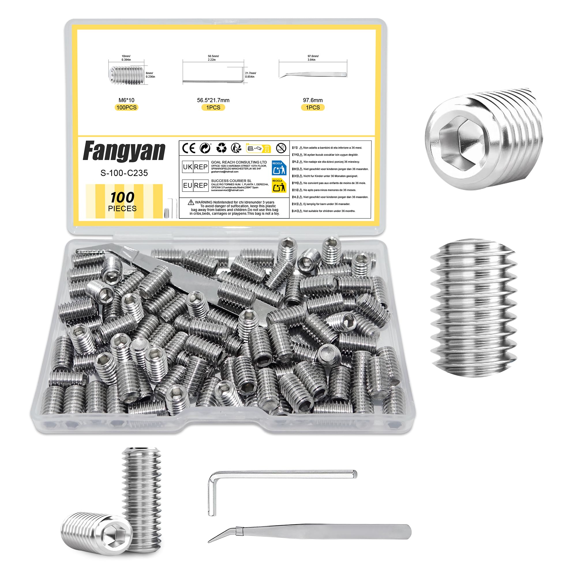 Fangyan 100PCS M6 x 10mm Set Screws, 304 Stainless Steel Hex Socket Grub Screws with Allen Key & Tweezers for Machinery, Furniture, Door Handles & General Fastening