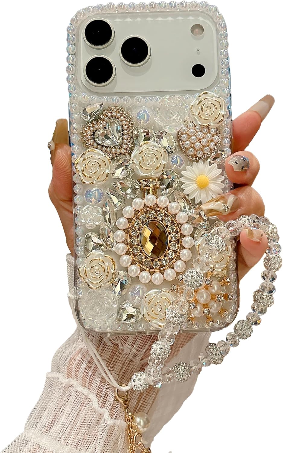 iFiLOVE for iPhone 17 Pro Max Bling Diamond Case with Flower Strap, 3D Luxury Sparkle Glitter Crystal Rhinestone Pearl Love Rose Wristband Bracelet Case Cover for Girls Women Kids (White)