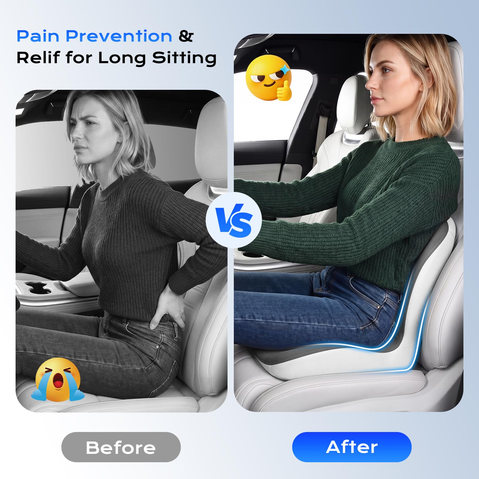 Coverado Cojín Lumbar y Cojín del Asiento para Coche, One-Pieces, Esponja de Memoria ergonómica Almohadas lumbares Cojín para Aliviar el Dolor de Espalda, Soporte Lumbar para Oficina | Almohada ergonómica de espuma viscoelástica para apoyo lumbar, ciática