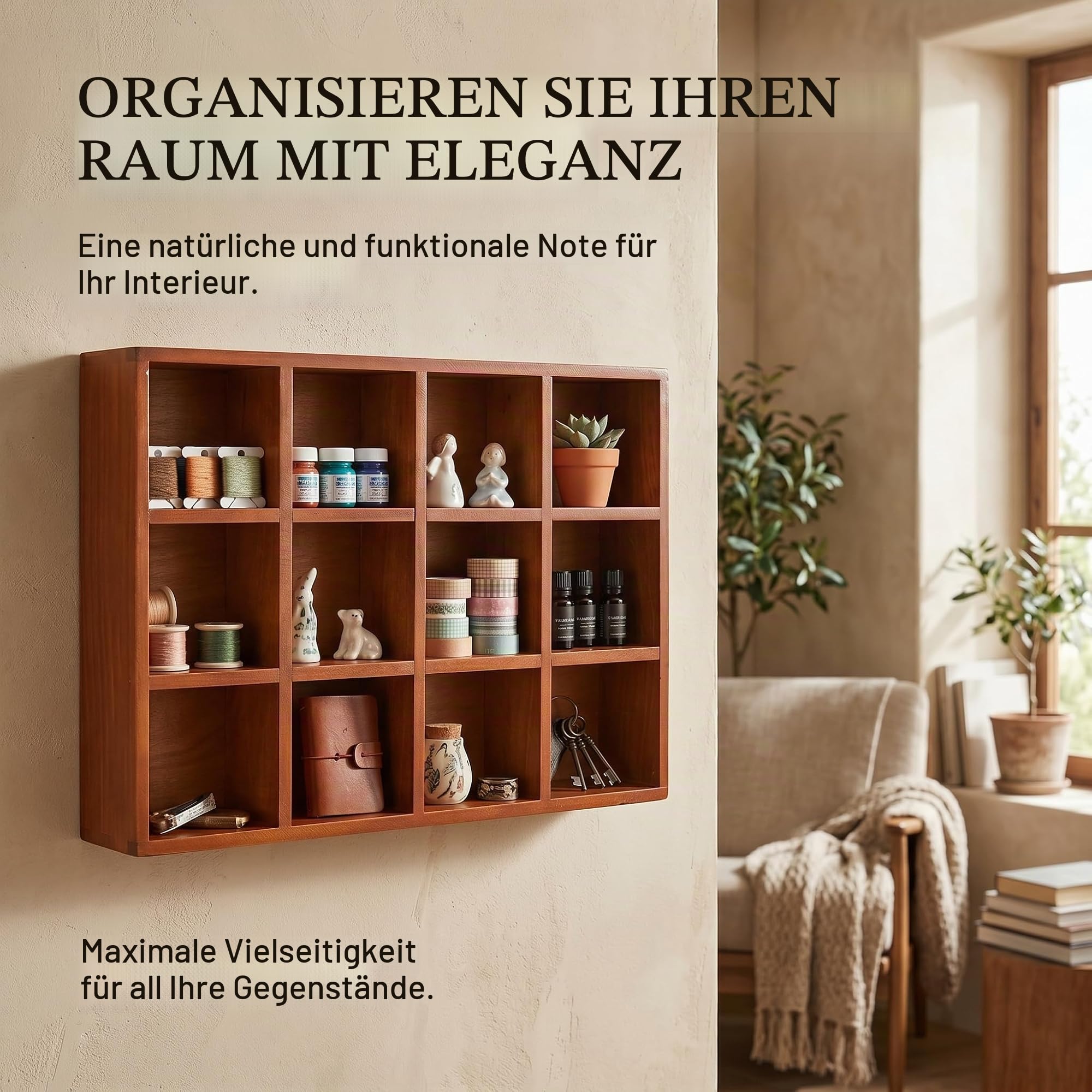 HEEPDD Holz-Wandregal, Vintage-Design mit 12 Fächern und glänzenden Kanten, stabiles Tassenregal für Sammlerfiguren, Tassen und Deko – ideal für Wohnzimmer, Küche, Büro und Geschenke