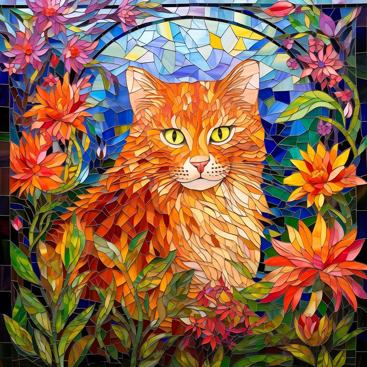 Bgraamiens Ginger Cat Mosaic Art - 1000 Piece Ceramic Tile Puzzle for Adults, Stained Glass Art with Cats and Flowers, Color Challenge Cats Puzzle