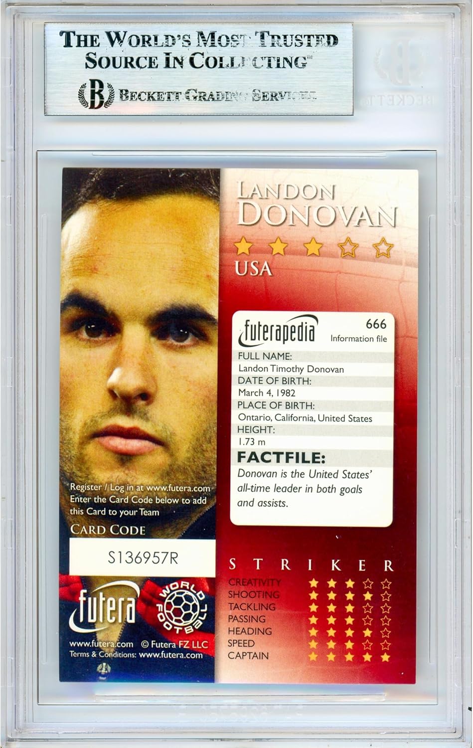 Landon Donovan Autographed 2010 Futera World Football Team USA #666 Soccer Card Slabbed Beckett BAS Authentic Slabbed COA Played For Los Angeles Galaxy MLS