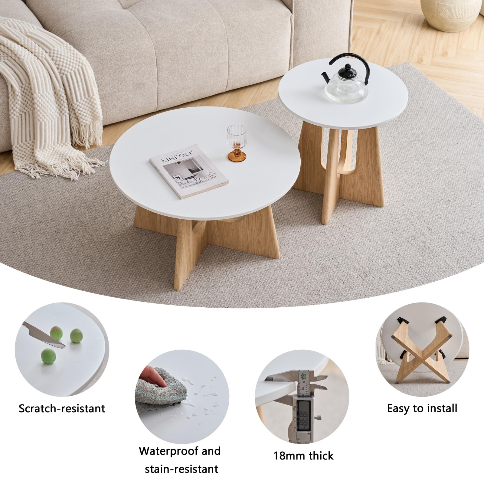GrandCA HOME Set di 2 Tavolino Rotondo da Caffè, Tavolino da Soggiorno in Stile Minimalista Moderno, Materiale in Fibra di Legno a Media Densità, Adatto per Soggiorno, Camera da Letto - Bianco