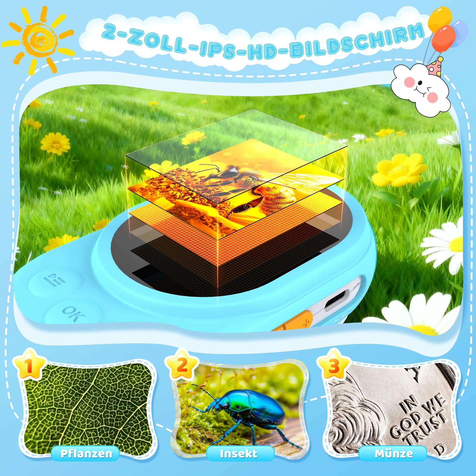 Mikroskop für Kinder - Digital Lupe Kinder mit 2-Zoll LCD HD Bildschirm, Handy Kinderkamera Microscope mit 8 LED Licht, Tragbares Taschenmikroskop mit 8G-Karte, Mini-Mikroskope Draussen - Blau
