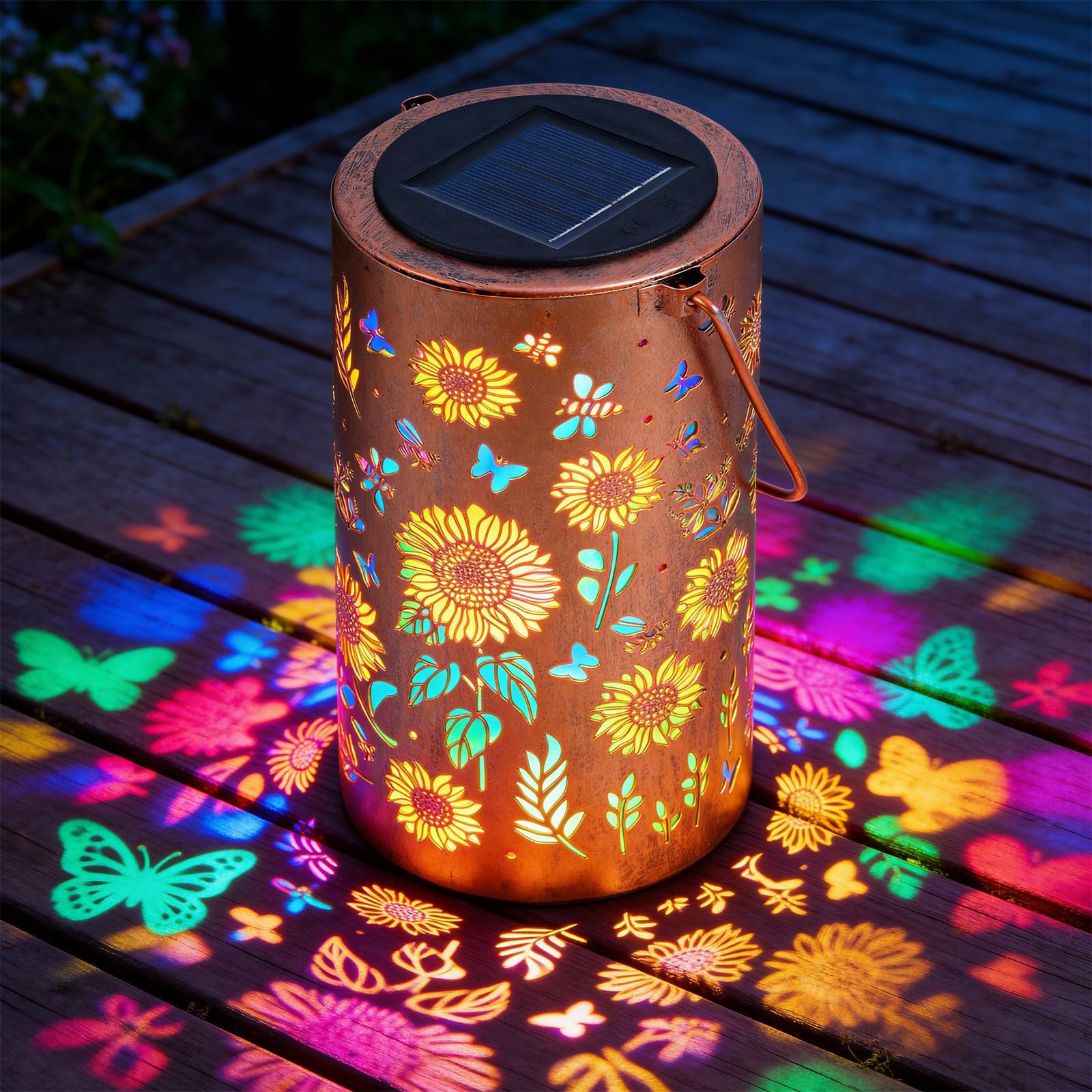 UZIMOO Solar Sunflower Lanterns Outdoor, Waterproof Hanging Lantern Lights, Hollowed-Out Metal Decor Lantern, Multicoloured LED Garden Decoration Light for Patio, Yard, Pathway, Landscape, Lawn