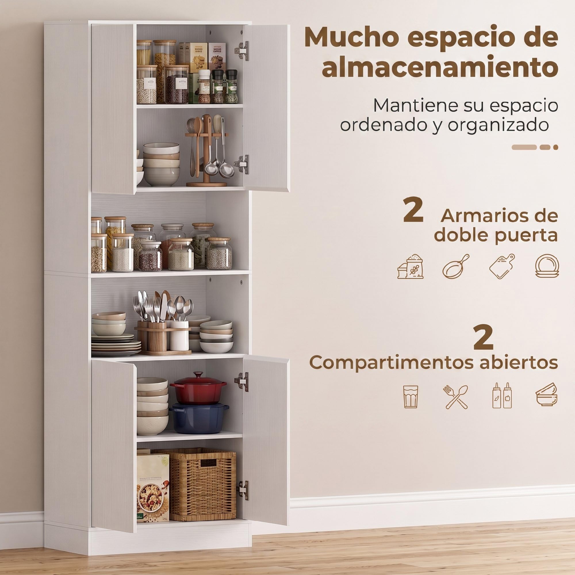 HOMCOM Alacena de Cocina Alta 4 Puertas, Cierre Suave 60x30x170 cm Blanco | Mueble Auxiliar de Cocina, Estantes Ajustables, 2 Compartimentos Abiertos, para Comedor, Salón