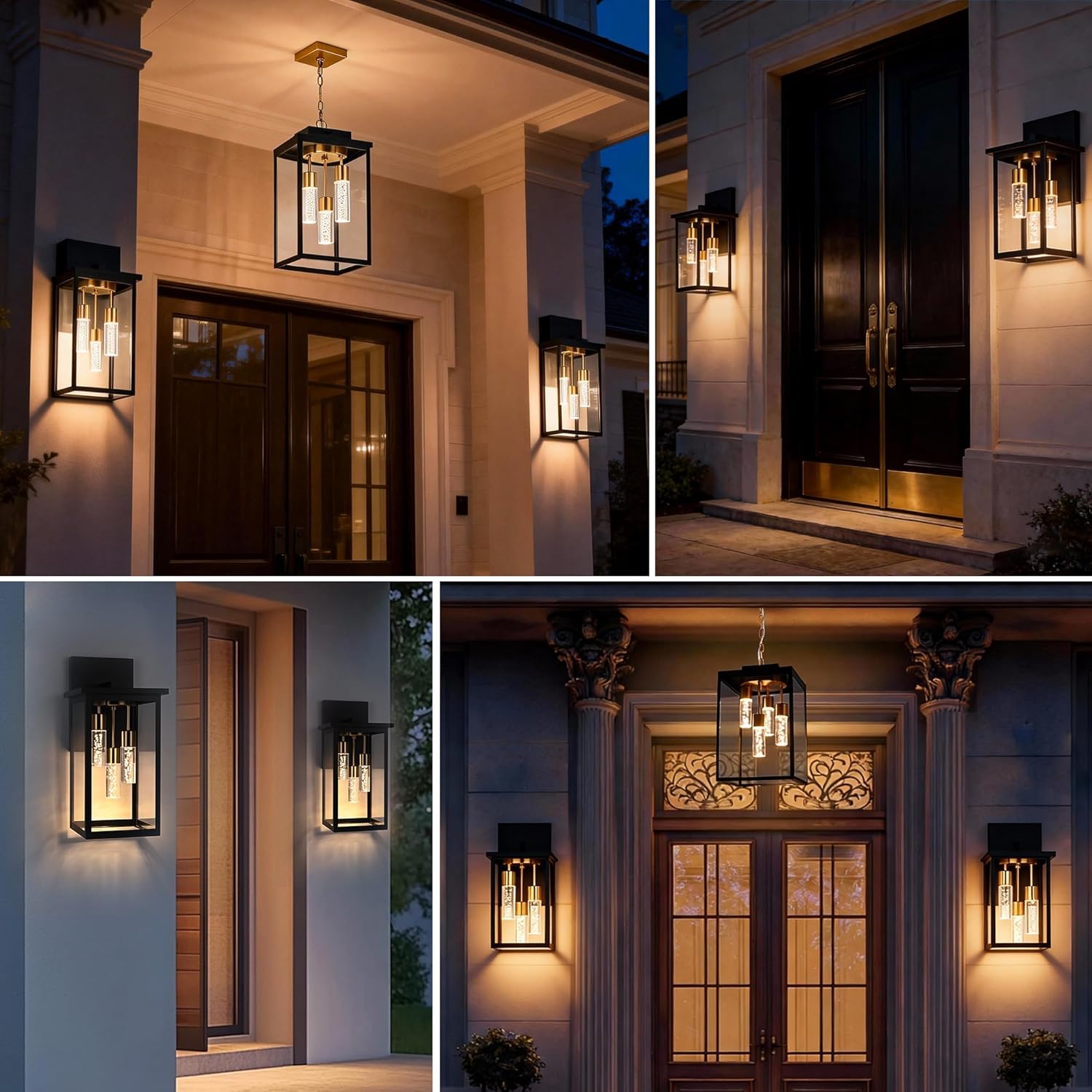 MELUCEE 16.5 Inch Large Outdoor Wall Light, 5 Color Dimmable Waterproof Patio Lanterns, 3-Light LED Exterior Wall Mount Lantern Sconce with Crystal Bubble Column, Black Wall Sconces for House Garage