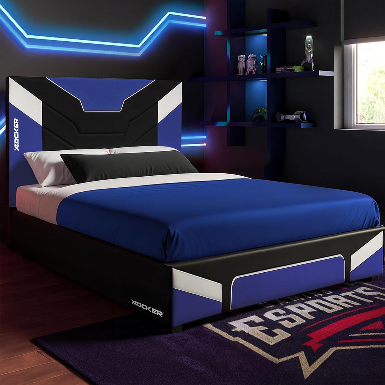 X-Rocker Cerberus MKII 4ft Small Double, Gaming Upholstered Bed Frame - Flat-pack for Easy Assembly, Breathable Comfort, Wooden Slats, Wipe-Clean Faux Leather for Kids & Teens - Blue - 120x190cm