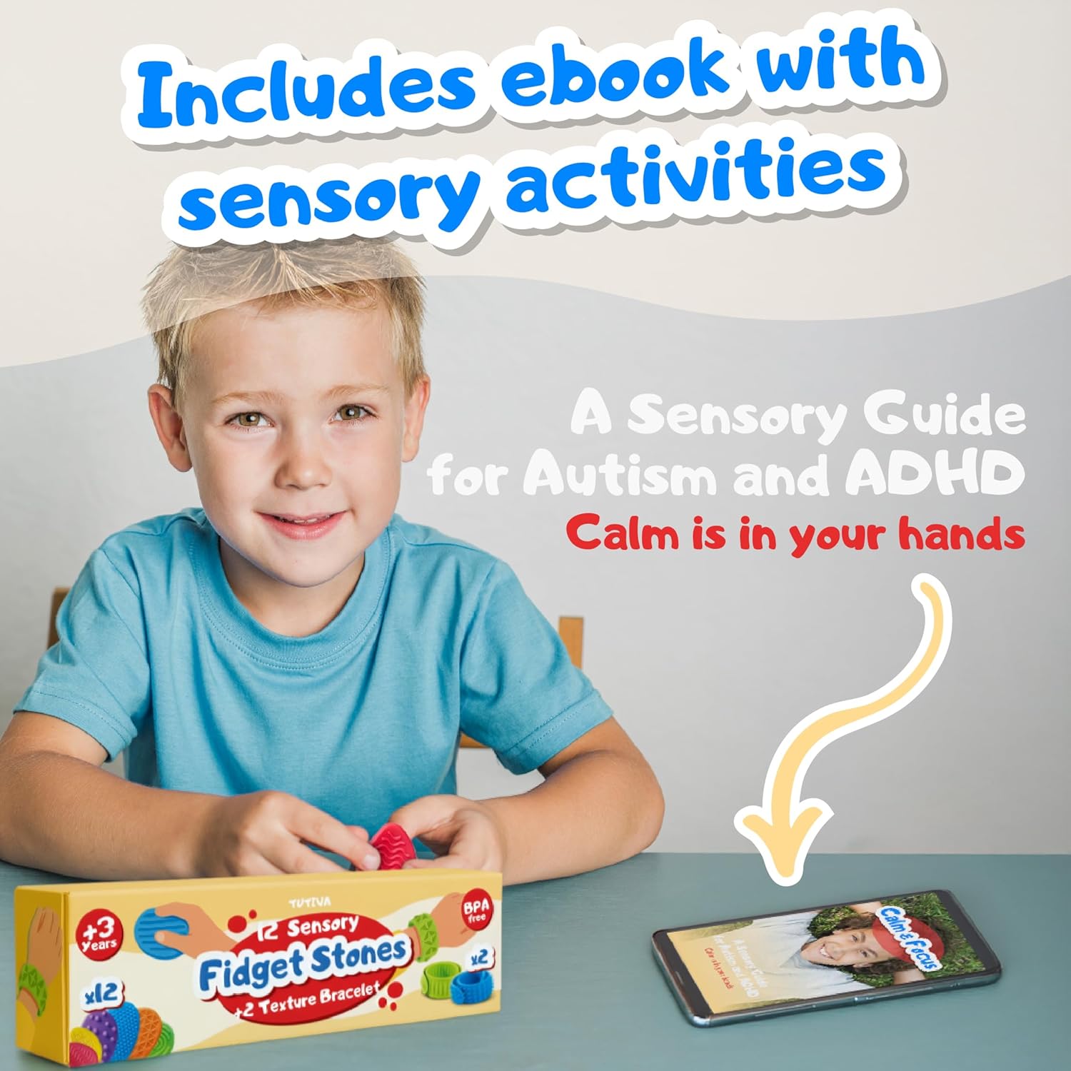 14-Piece Silicone Sensory Stones Set - 12 Textured Fidget Stones and 2 Slap Bracelets with Storage Box - Tactile Focus Tools for Kids and Adults - Includes Digital Activity Guide