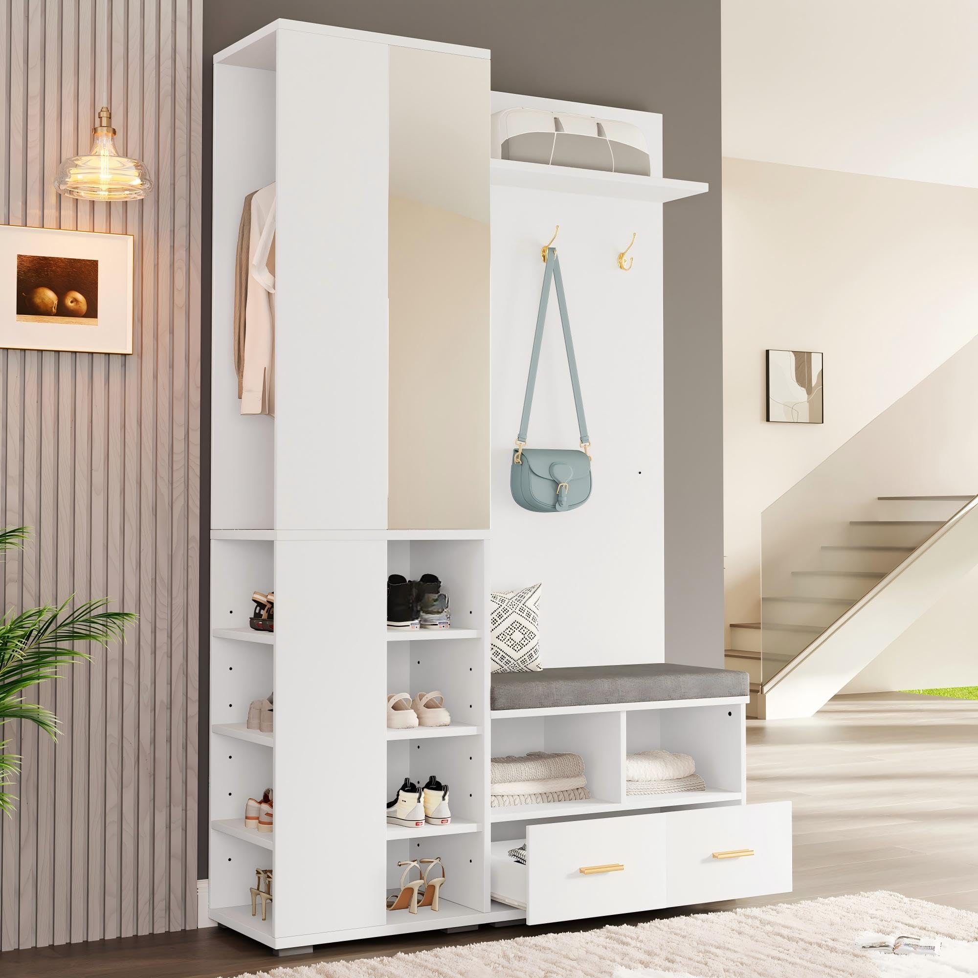 Juego de Perchero Pared con Espejo y 2 Cajones, Mueble Recibidor con Barra de Ropa y Estante Abierto, Conjunto de Perchero Entrada Recibidor, Banco y Dispositivo Antivuelco, 120x35x190 cm,Blanco