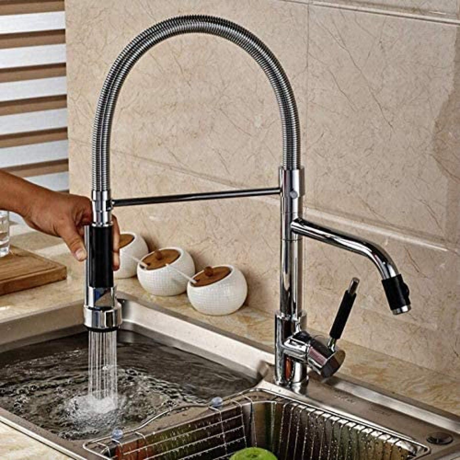 Rubinetto Lavabo Rubinetto Lavatrice Tubo Flessibile A Doppia Uscita Cromato Rubinetto Da Cucina Flessibile Deck Installato Cucina Rotante A Molla Con Una Maniglia