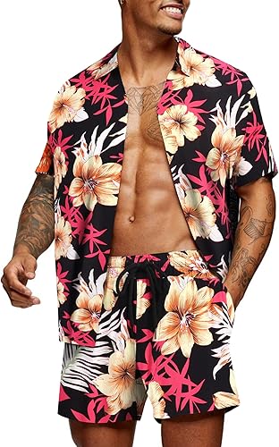 COOFANDY Conjunto hawaiano a juego para hombre, conjunto de 2 piezas, camisas y pantalones cortos de flores