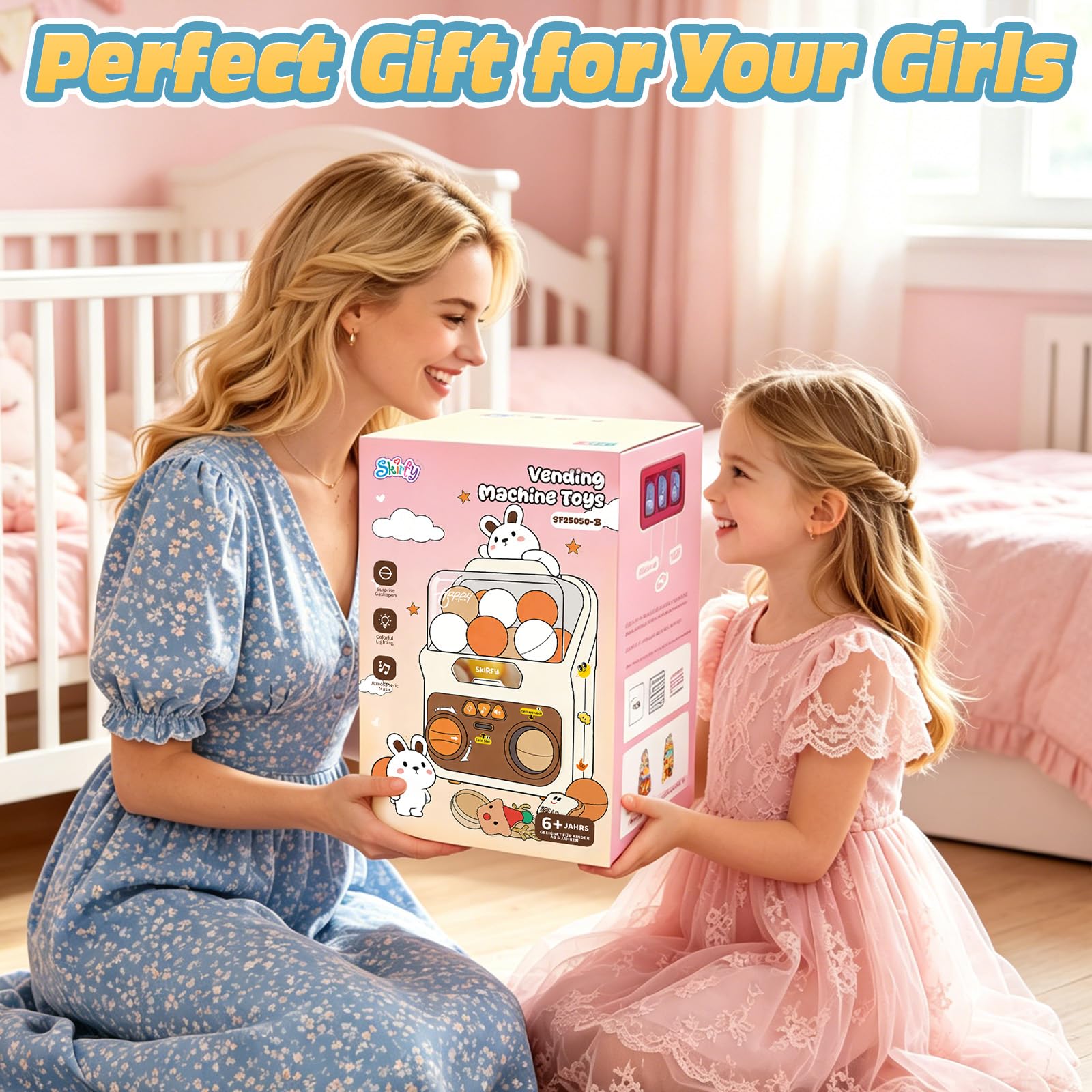Skirfy Giocattolo automatico con palline da masticare per bambini, 15 capsule da 5 cm di diametro, distributore automatico illuminato, con prezzi, giocattolo sensoriale con bambole come regalo