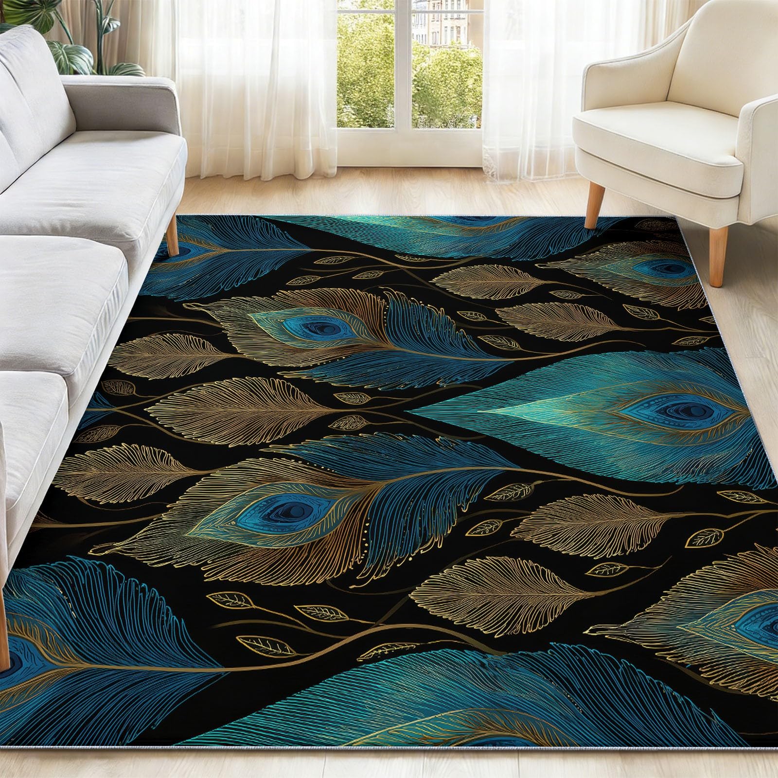 Można prać w pralce dywan do salonu, 120 x 170 cm, dywaniki ze zwierzętami, antypoślizgowy dywan, niebieskie pióra, gałęzie i liście, niskie runo, nie gubi włosia, nadruk, do jadalni, domu, biura