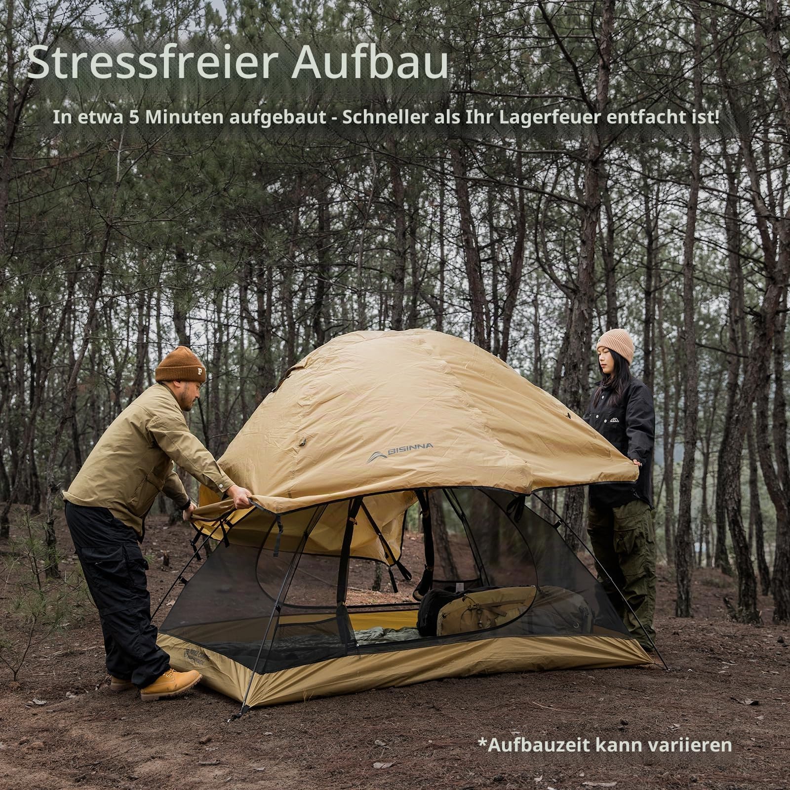 BISINNA Zelt 2 Personen | 3-4 Jahreszeiten Wasserdicht & Winddicht | Ultraleichtes Trekkingzelt mit Blitzaufbau & Kompakt Packmaß für Camping, Wandern, Festival