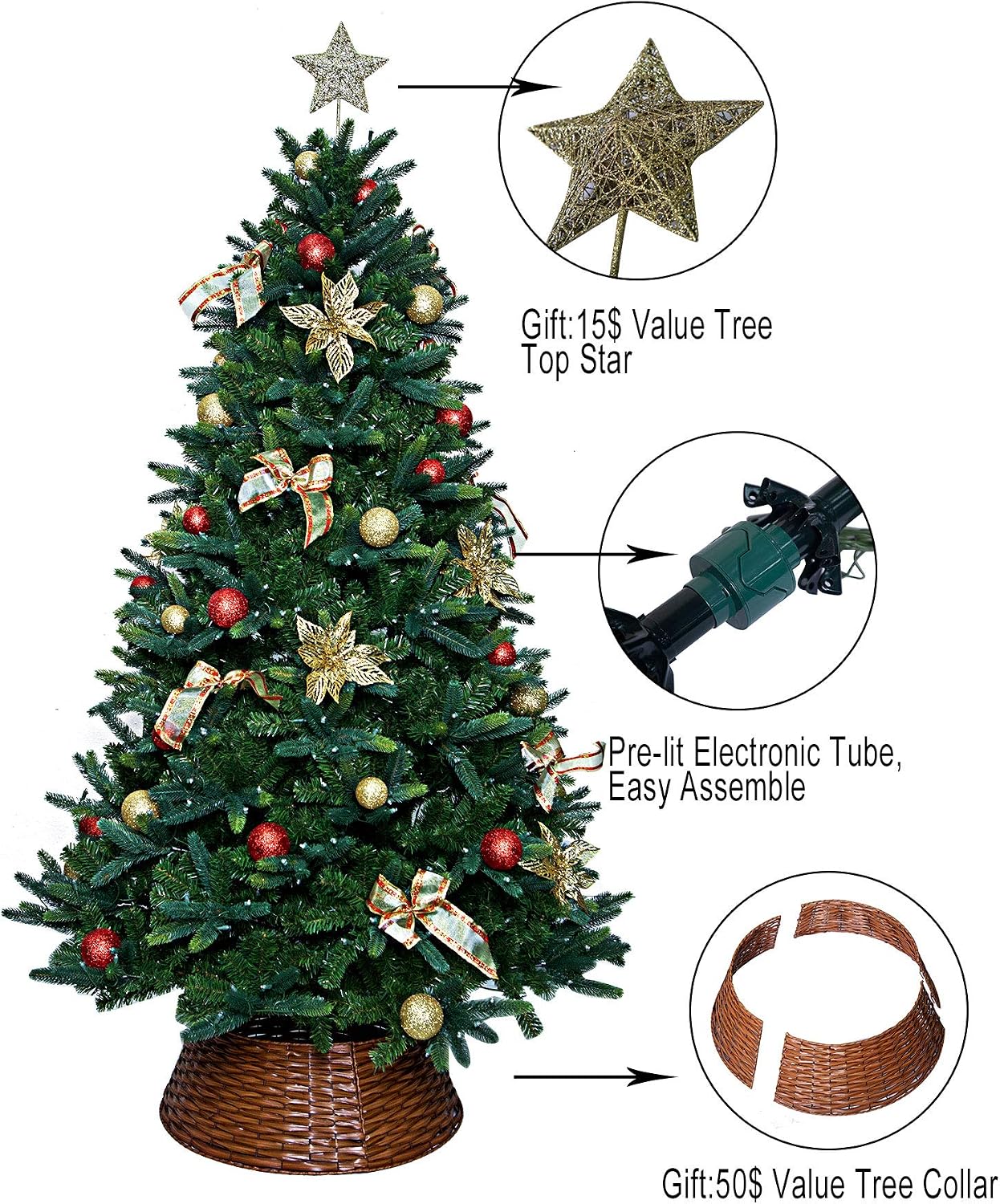 ABUSA Artificial Christmas Tree Top Star Tree Collar Gifted Prelit 9 ft Xmas Pine Tree with Electric Tube 1000 LED Lights 2063 Branch Tips（Clearance）