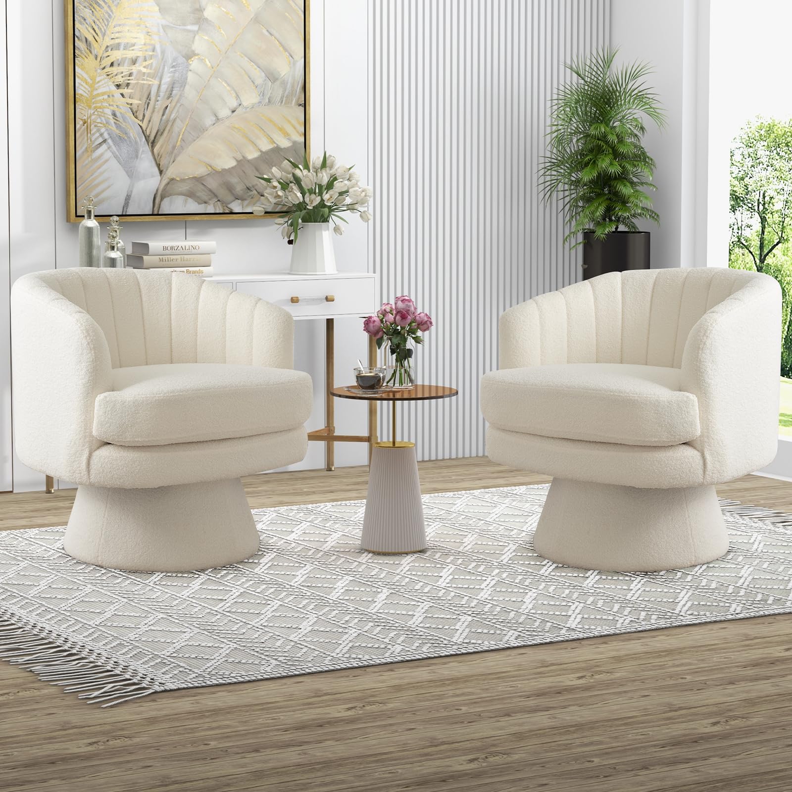 CANMOV Swivel Accent Chair with Armrest Set of 2, Modern 360 Degree Swivel Barrel Chair with Curve Back and Soft Cushion,Comfy Round Sherpa Teddy