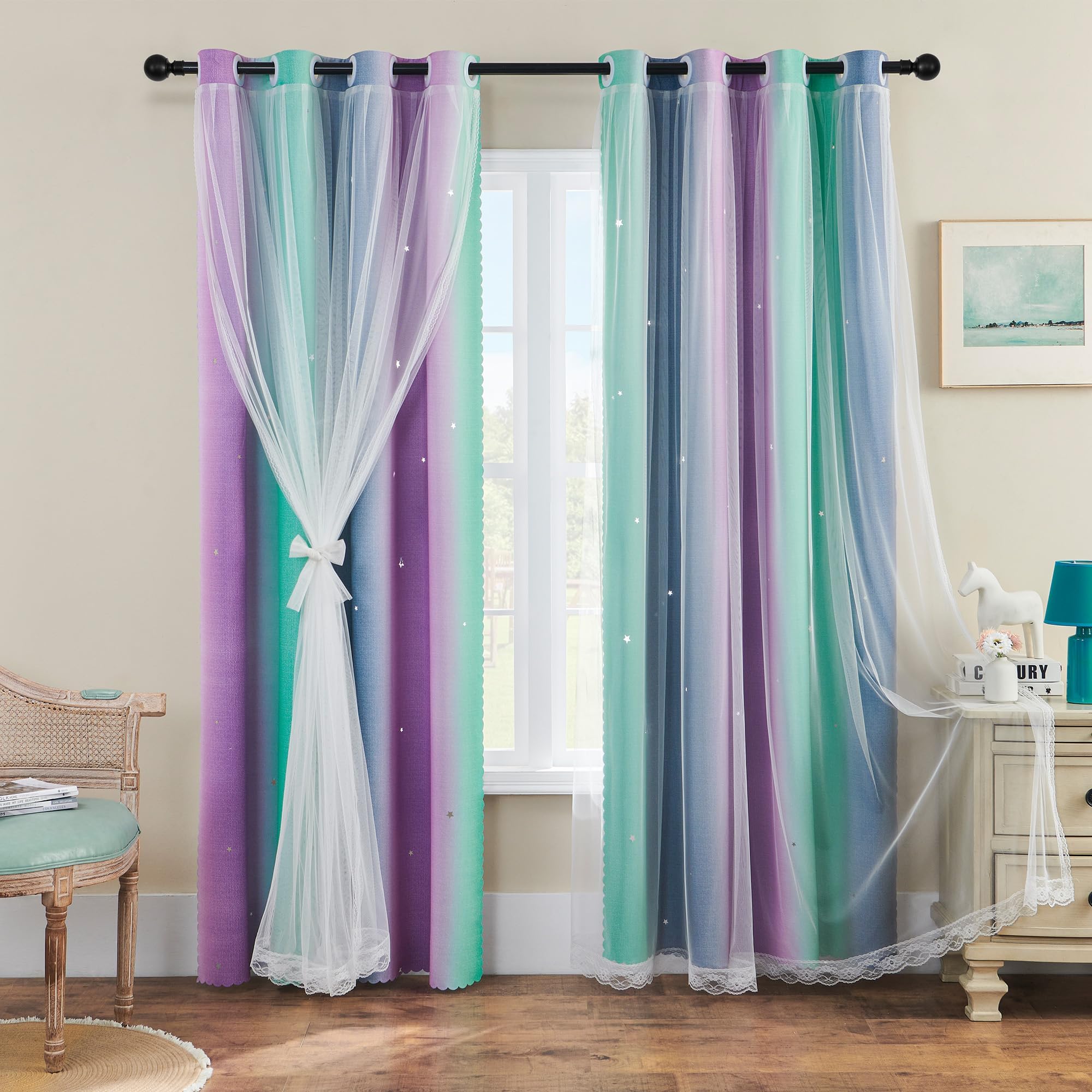 XiDi Purple Curtains for Kids Bedroom, Girls Room Decor Grey Curtain, Green Curtains Room Wall Decoration, 63 inchs Long Blackout Curtain 52 inches Wide 1 Panel