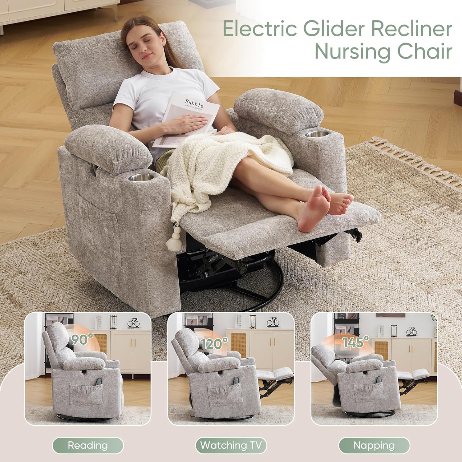 Rocking Chair Nursery with Adjustable Armrests for Breastfeeding, Glider Recliner Chair with Massage and Heat, Power Swivel Rocker Recliner with Adjustable Headrest, Chenille, Light Grey