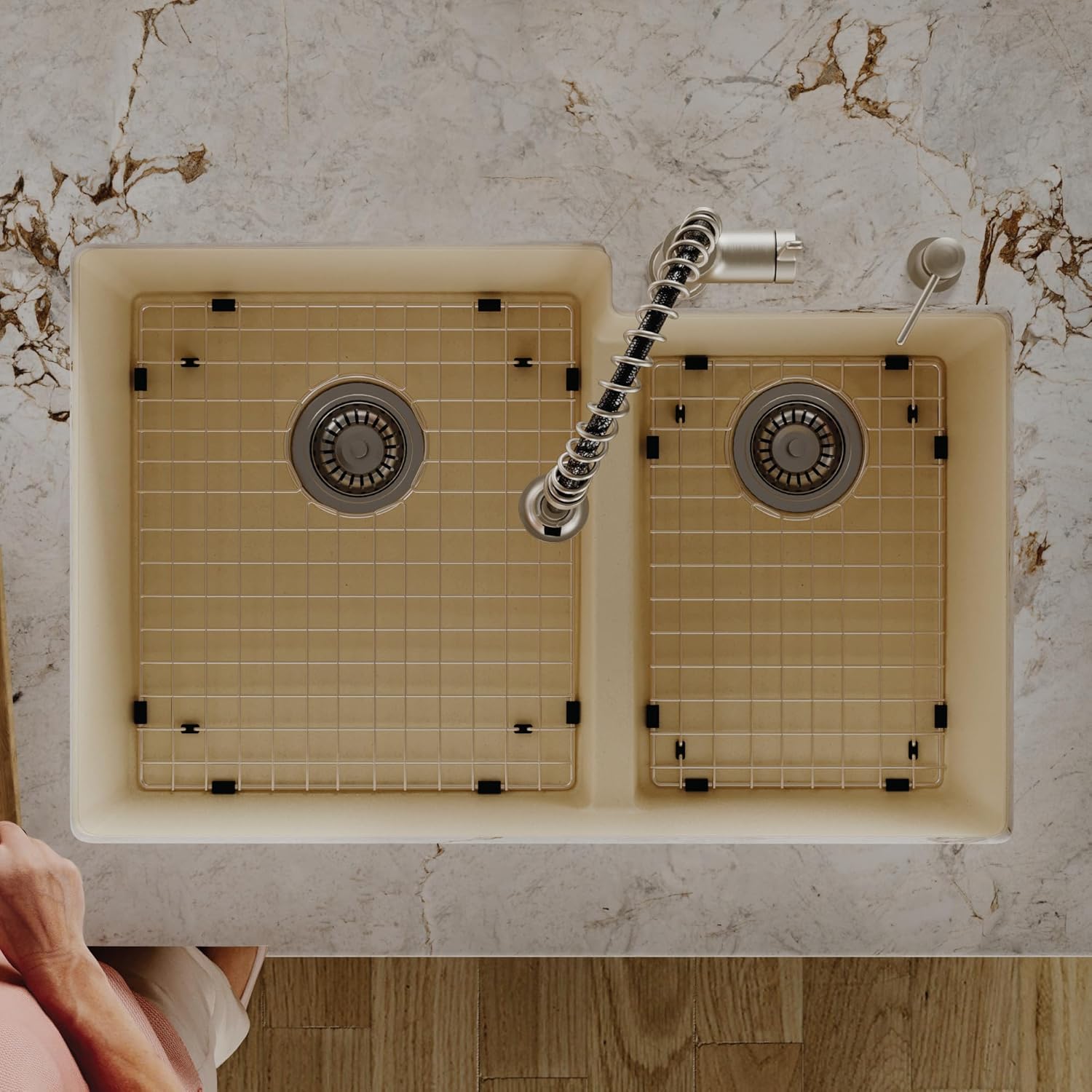 Karran QU-811 32 Inch Undermount 60/40 Double Bowl Quartz Composite Kitchen Sink Kit in Bisque, Large/Small Bowls, Includes Bottom Grids, Basket Drains, Luster Pro Polish, Heat & Scratch Resistant