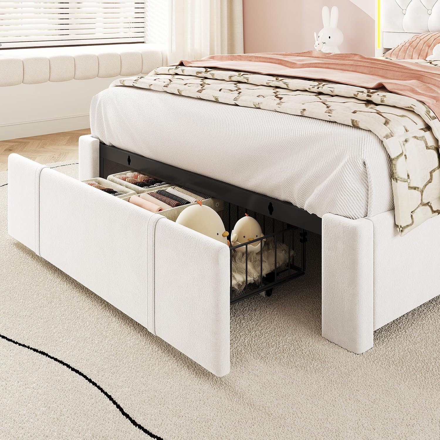 Twin Bed Frame with Storage Headboard & 3 XL Drawers, Power Outlet Type-C/A, Velvet Upholstered Princess Girls Bed Twin Size, No Box Spring Needed, Creamy White