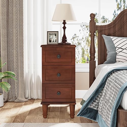 Miniatura 6 de Tribesigns Mesa auxiliar de madera maciza, mesa auxiliar estrecha totalmente montada con cajones, mesita de noche premontada, mesita de noche